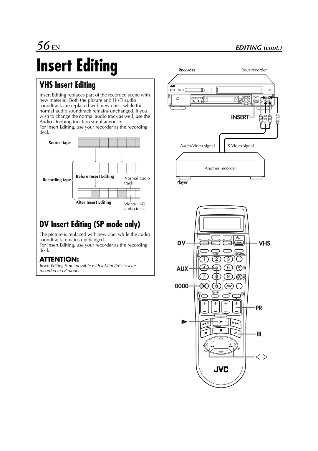 JVC LPT0616-001A specifications 56 EN, VHS Insert Editing, DV Insert Editing SP mode only 