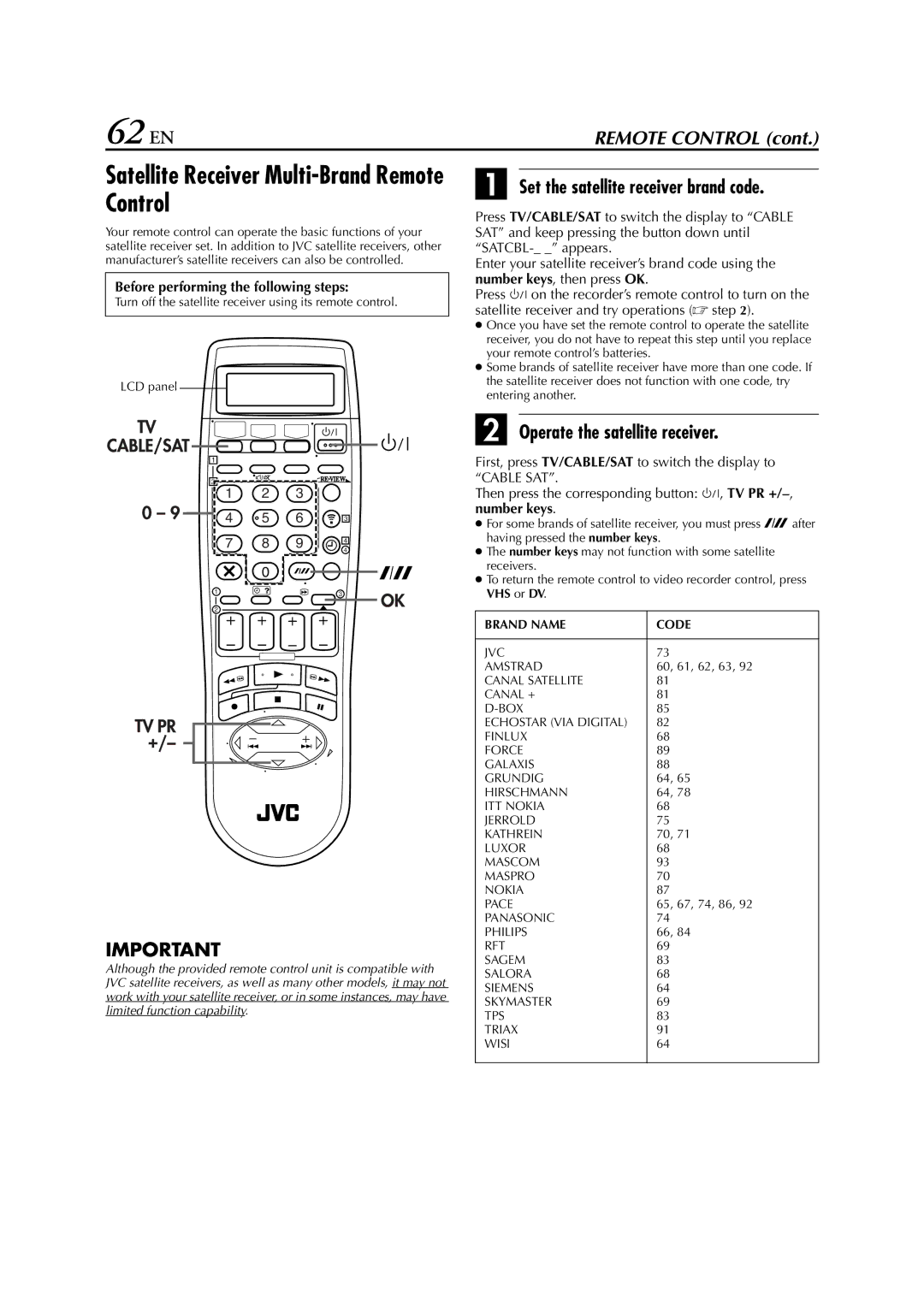 JVC LPT0616-001A specifications 62 EN, Satellite Receiver Multi-Brand Remote Control, Set the satellite receiver brand code 