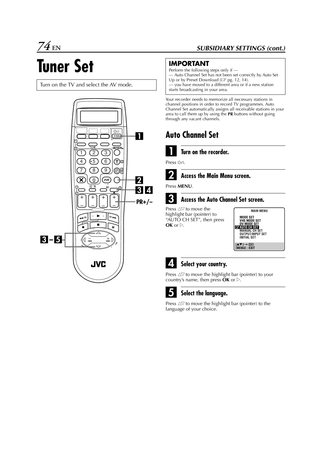 JVC LPT0616-001A specifications Tuner Set, 74 EN, Access the Auto Channel Set screen 