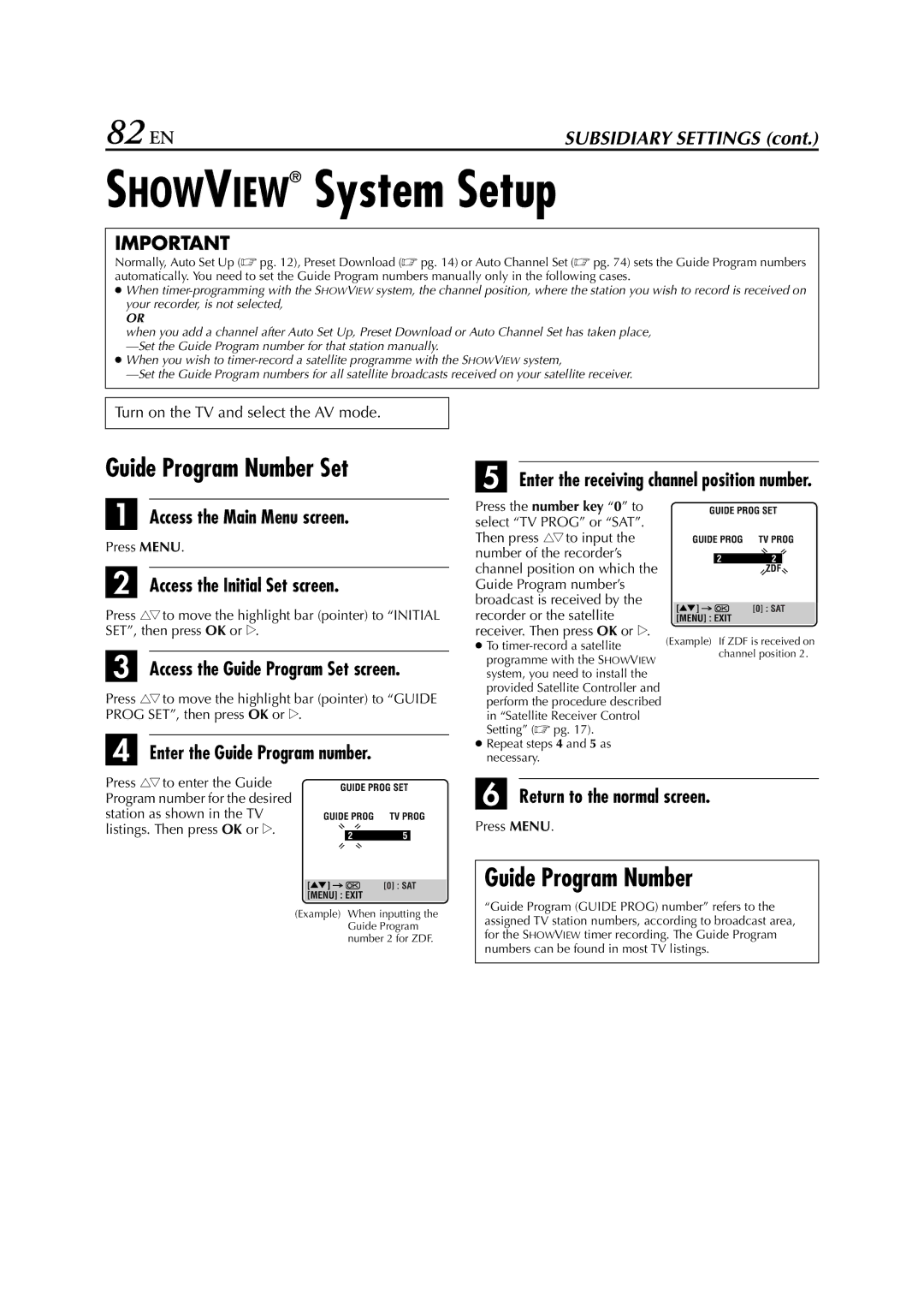 JVC LPT0616-001A specifications Showview System Setup, 82 EN, Guide Program Number Set, Enter the Guide Program number 