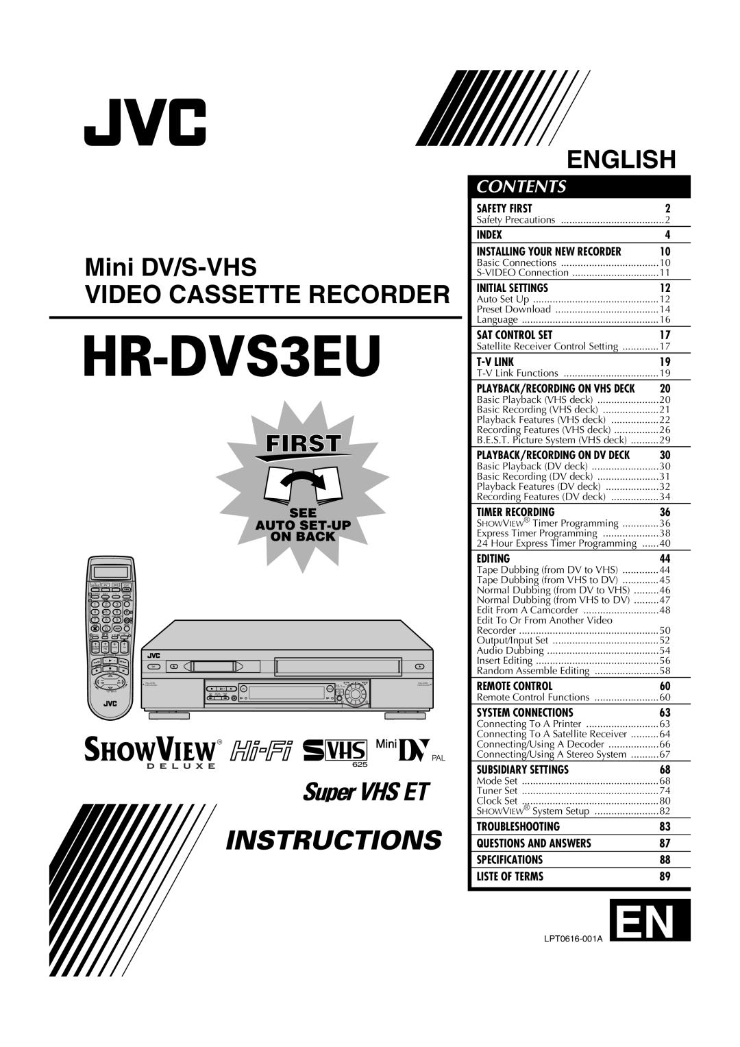 JVC LPT0616-001A specifications Mini DV/S-VHS VIDEO CASSETTE RECORDER, English, Contents, Safety First, Index, T-V Link 