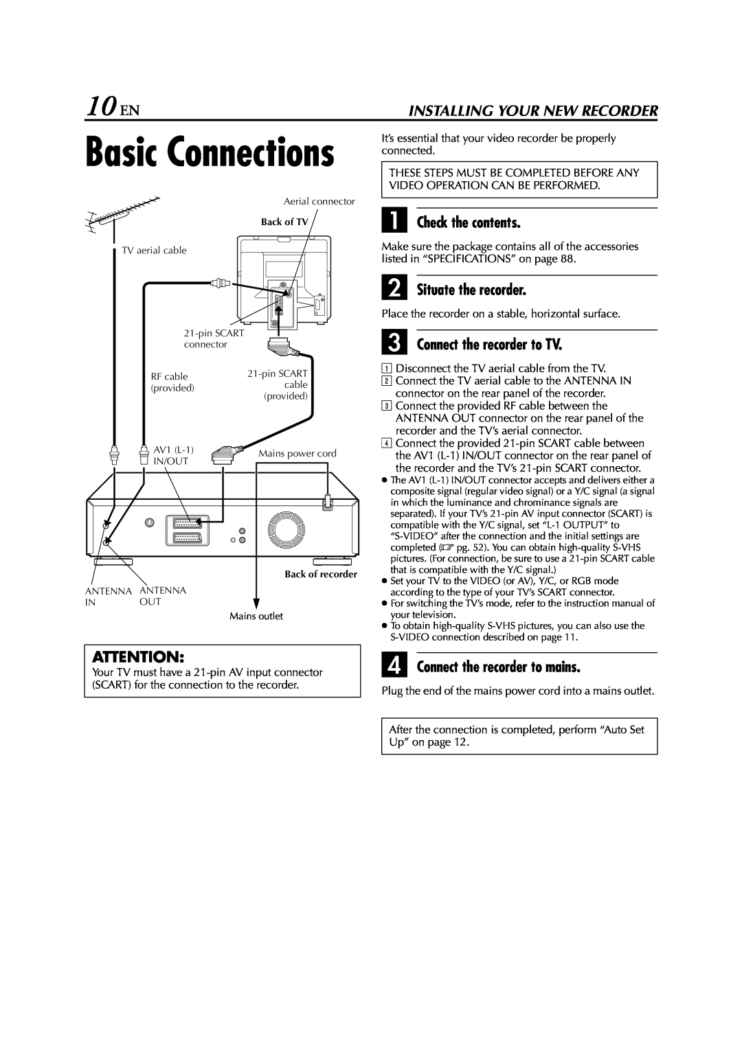JVC LPT0616-001A Basic Connections, 10 EN, A Check the contents, B Situate the recorder, C Connect the recorder to TV 