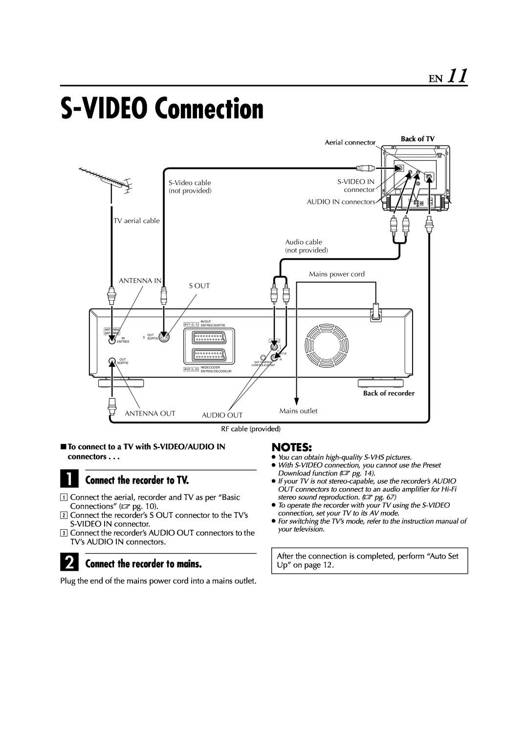 JVC LPT0616-001A S-VIDEO Connection, A Connect the recorder to TV, B Connect the recorder to mains, Aerial connector 