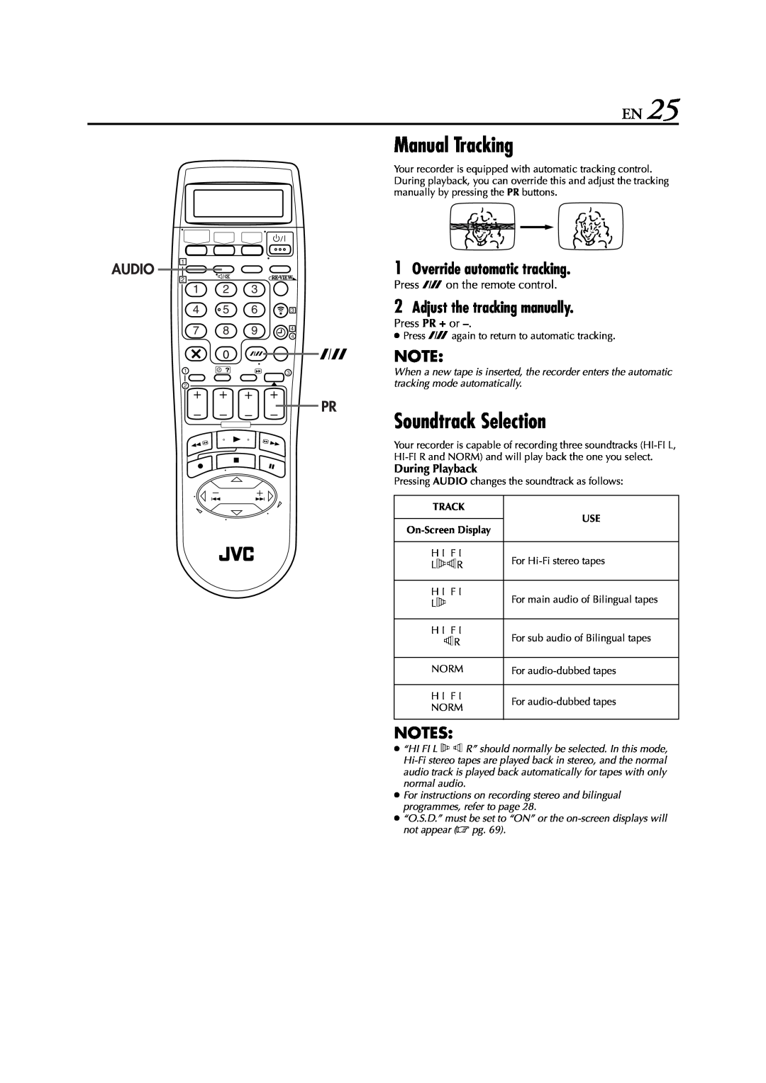 JVC LPT0616-001A Manual Tracking, Soundtrack Selection, Override automatic tracking, Adjust the tracking manually 