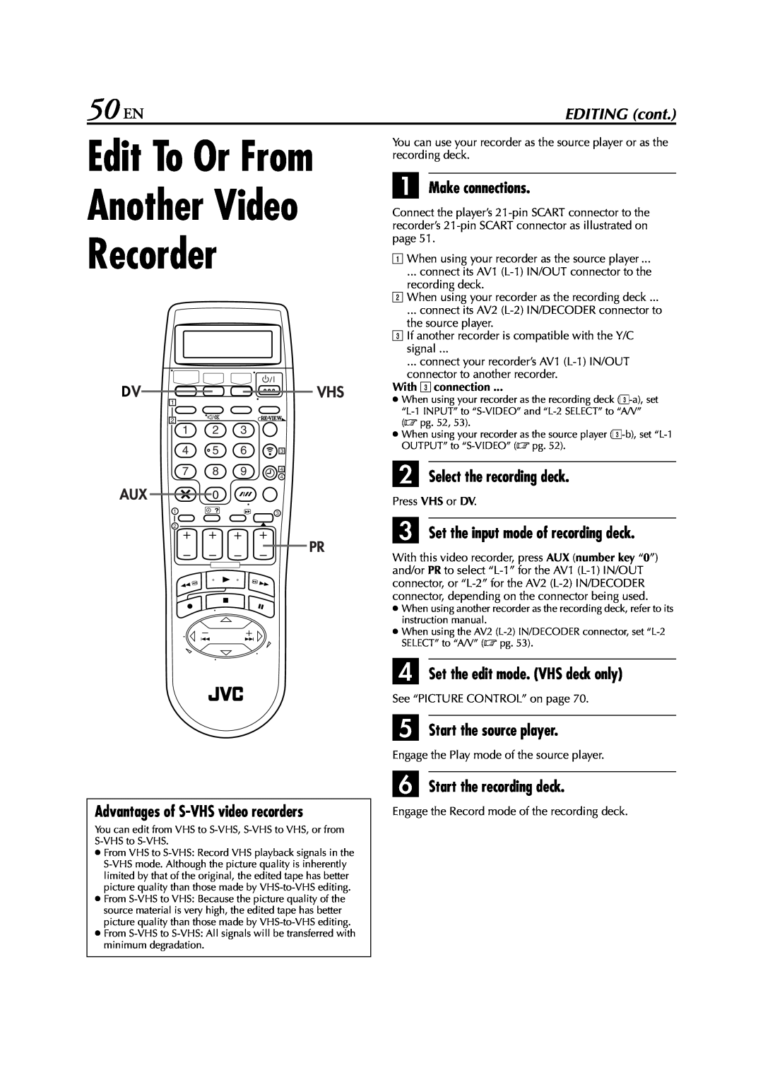 JVC LPT0616-001A Another Video Recorder, 50 EN, Advantages of S-VHS video recorders, E Start the source player 