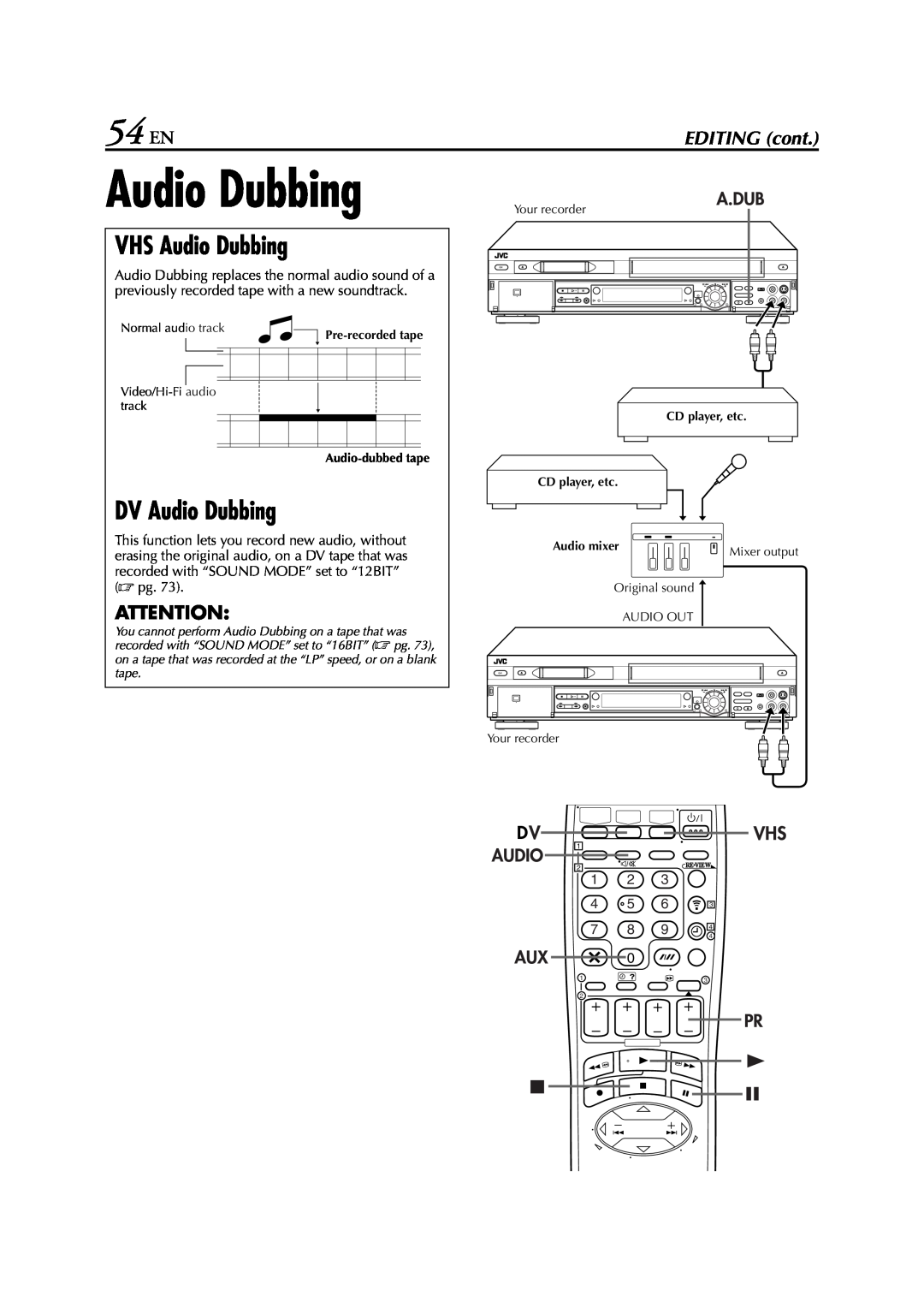 JVC LPT0616-001A specifications 54 EN, VHS Audio Dubbing, DV Audio Dubbing, EDITING cont 