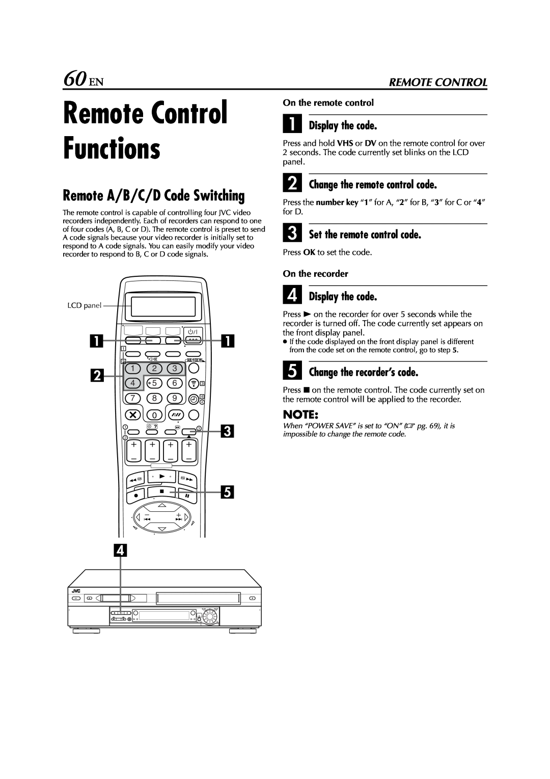 JVC LPT0616-001A 60 EN, Remote Control Functions, Remote A/B/C/D Code Switching, A Display the code, D Display the code 
