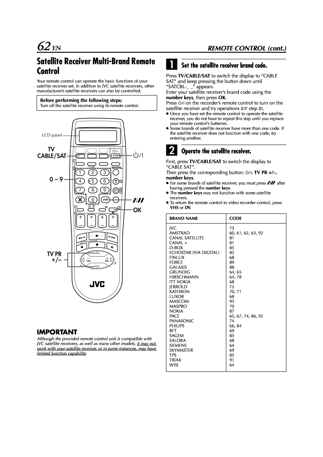 JVC LPT0616-001A 62 EN, Satellite Receiver Multi-Brand Remote Control, A Set the satellite receiver brand code 