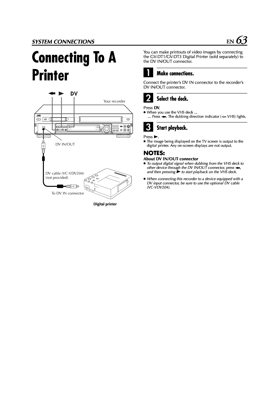 JVC LPT0616-001A System Connections, B Select the deck, C Start playback, Connecting To A Printer, A Make connections 