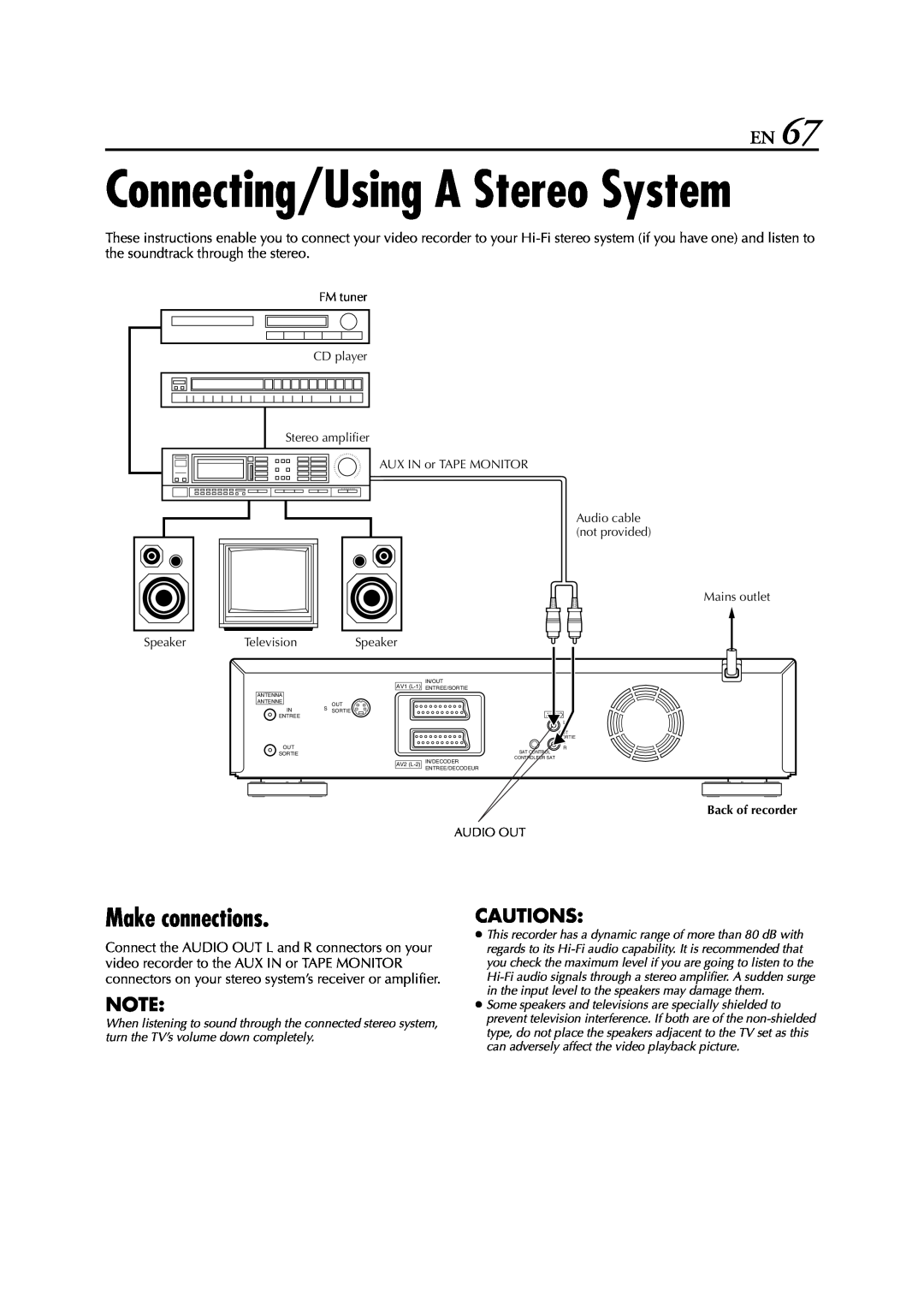 JVC LPT0616-001A Connecting/Using A Stereo System, Make connections, Cautions, AUX IN or TAPE MONITOR, AV1 L-1, In/Out 