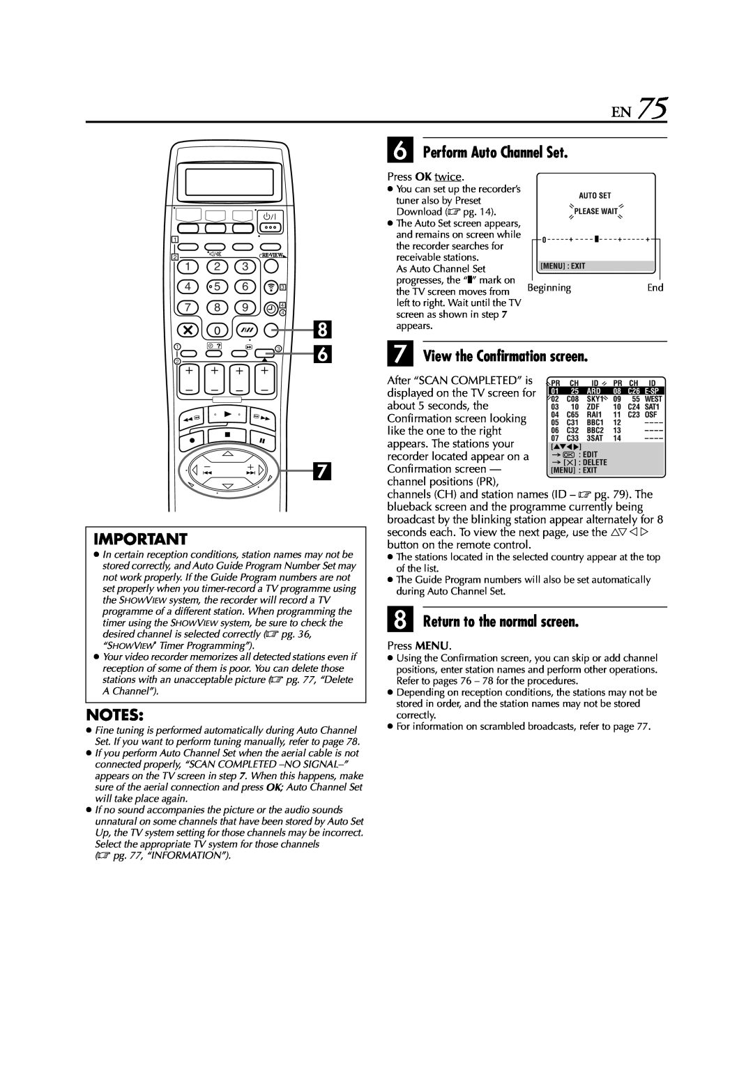 JVC LPT0616-001A specifications F Perform Auto Channel Set, G View the Confirmation screen, H Return to the normal screen 