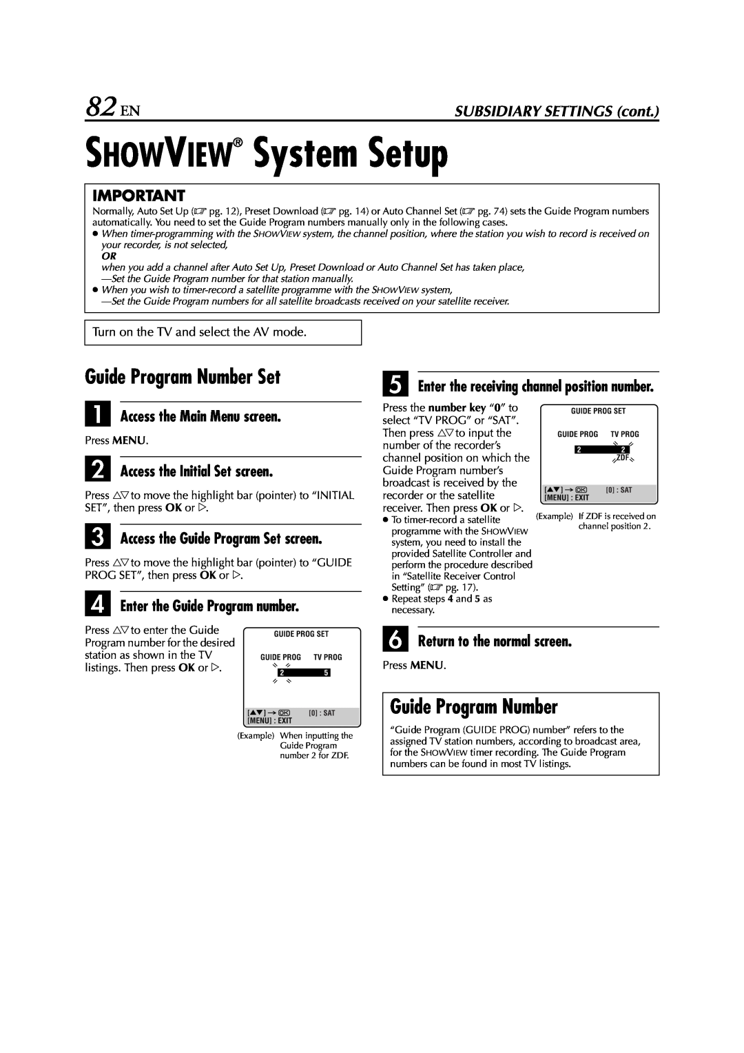 JVC LPT0616-001A specifications SHOWVIEW System Setup, 82 EN, Guide Program Number Set, B Access the Initial Set screen 