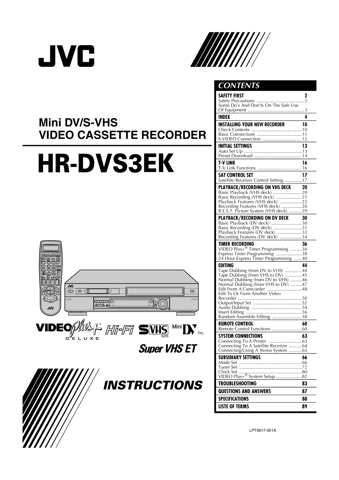 JVC HR-DVS3EK, LPT0617-001A specifications Video Cassette Recorder 