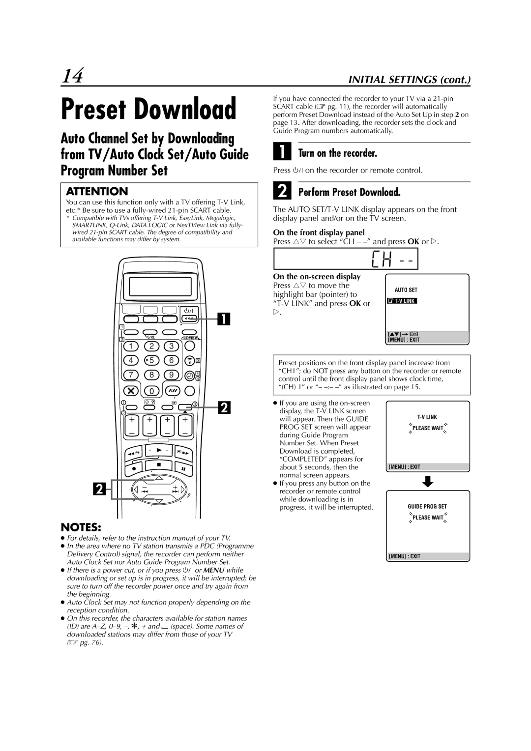 JVC LPT0617-001A, HR-DVS3EK Perform Preset Download, Press rt to select CH - and press OK or e, On the on-screen display 