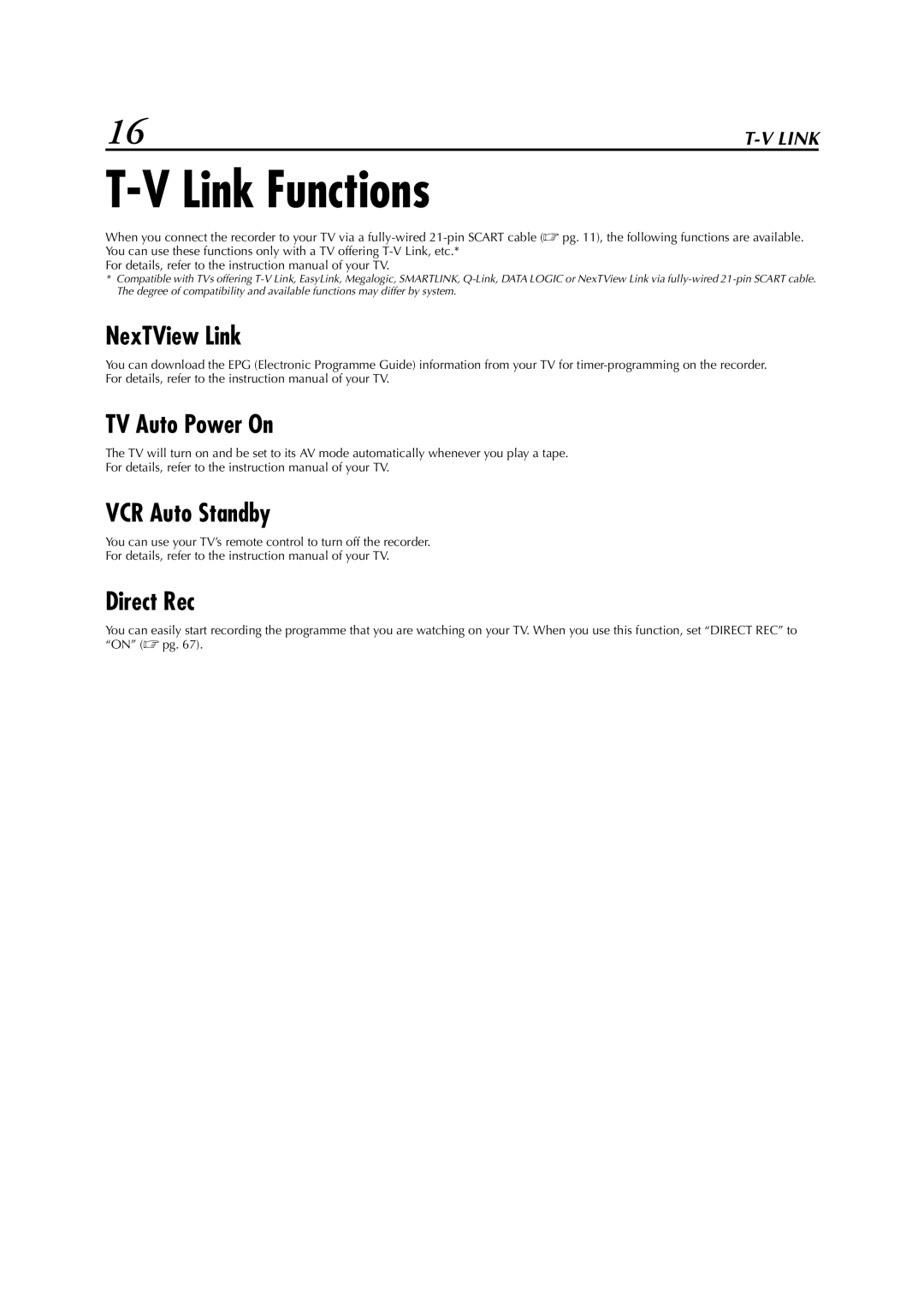 JVC LPT0617-001A, HR-DVS3EK specifications Link Functions, NexTView Link TV Auto Power On, VCR Auto Standby, Direct Rec 