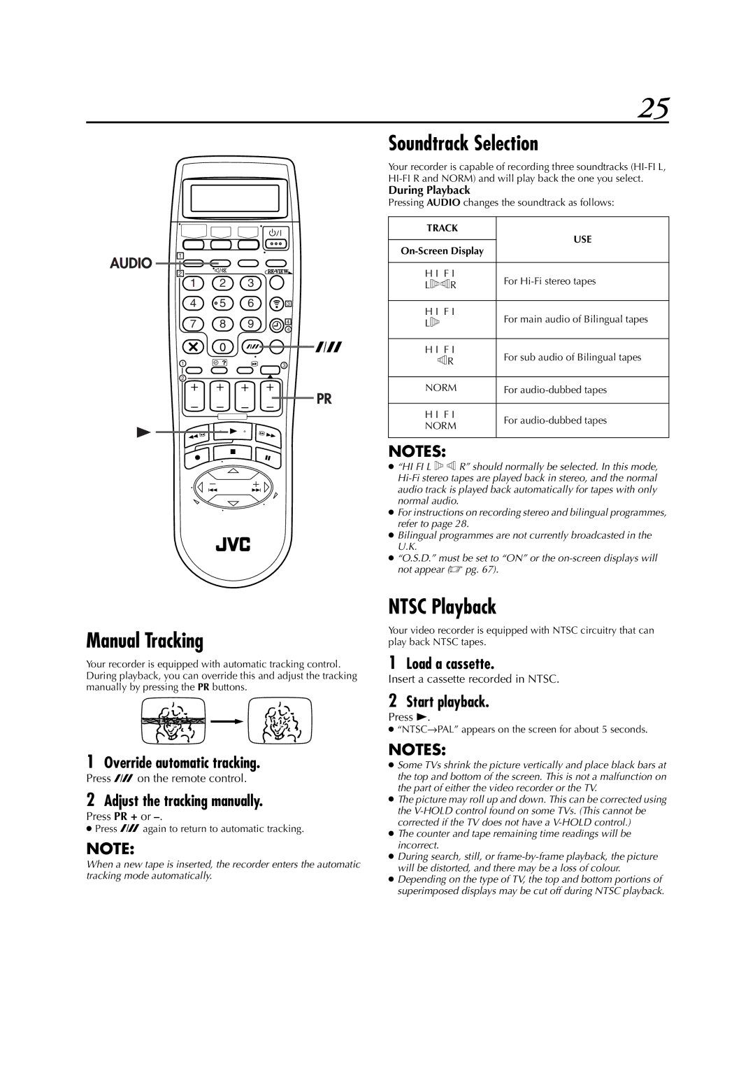 JVC HR-DVS3EK, LPT0617-001A specifications Soundtrack Selection, Manual Tracking, Ntsc Playback, Override automatic tracking 