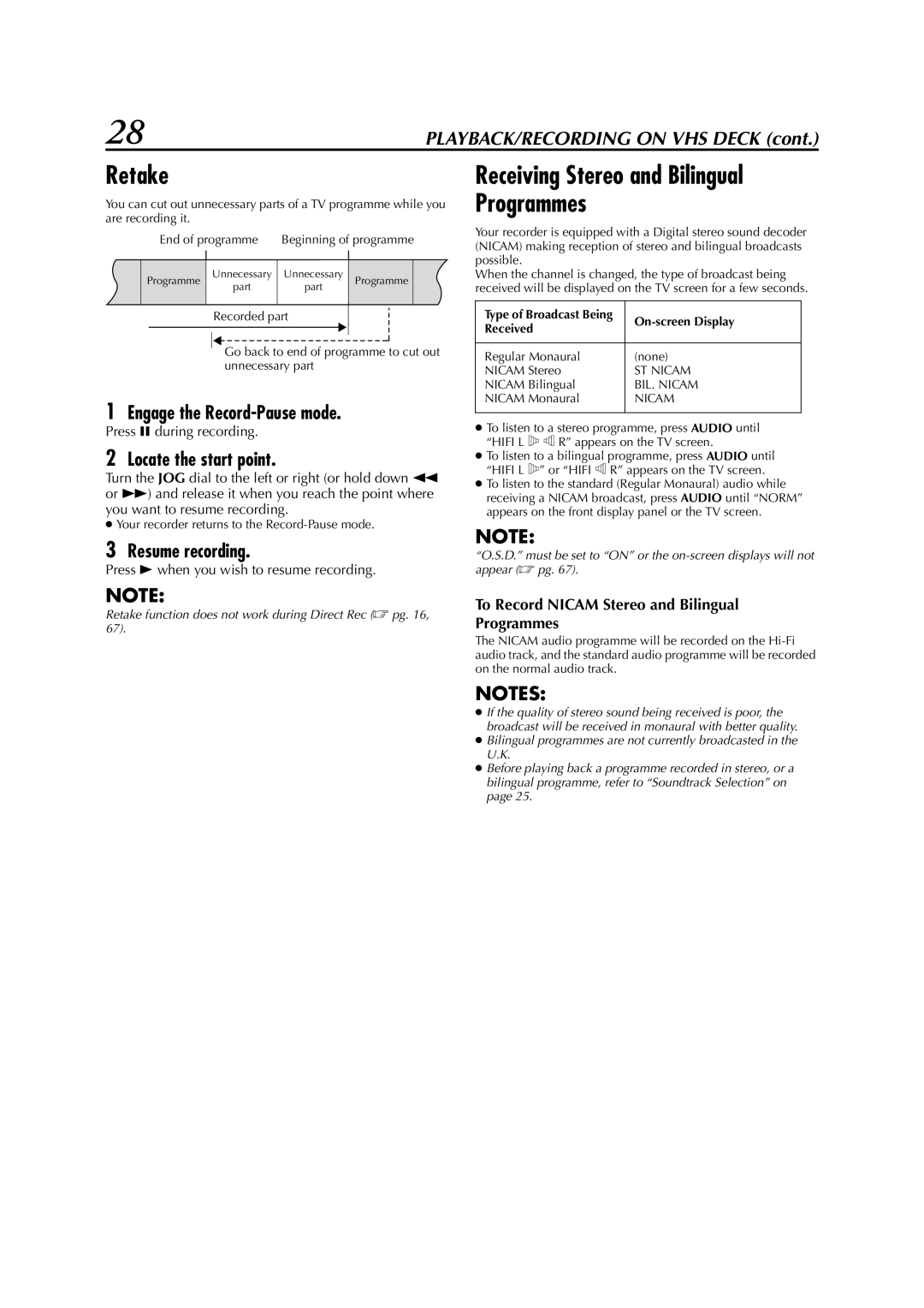 JVC LPT0617-001A Retake, Receiving Stereo and Bilingual Programmes, Engage the Record-Pause mode, Locate the start point 