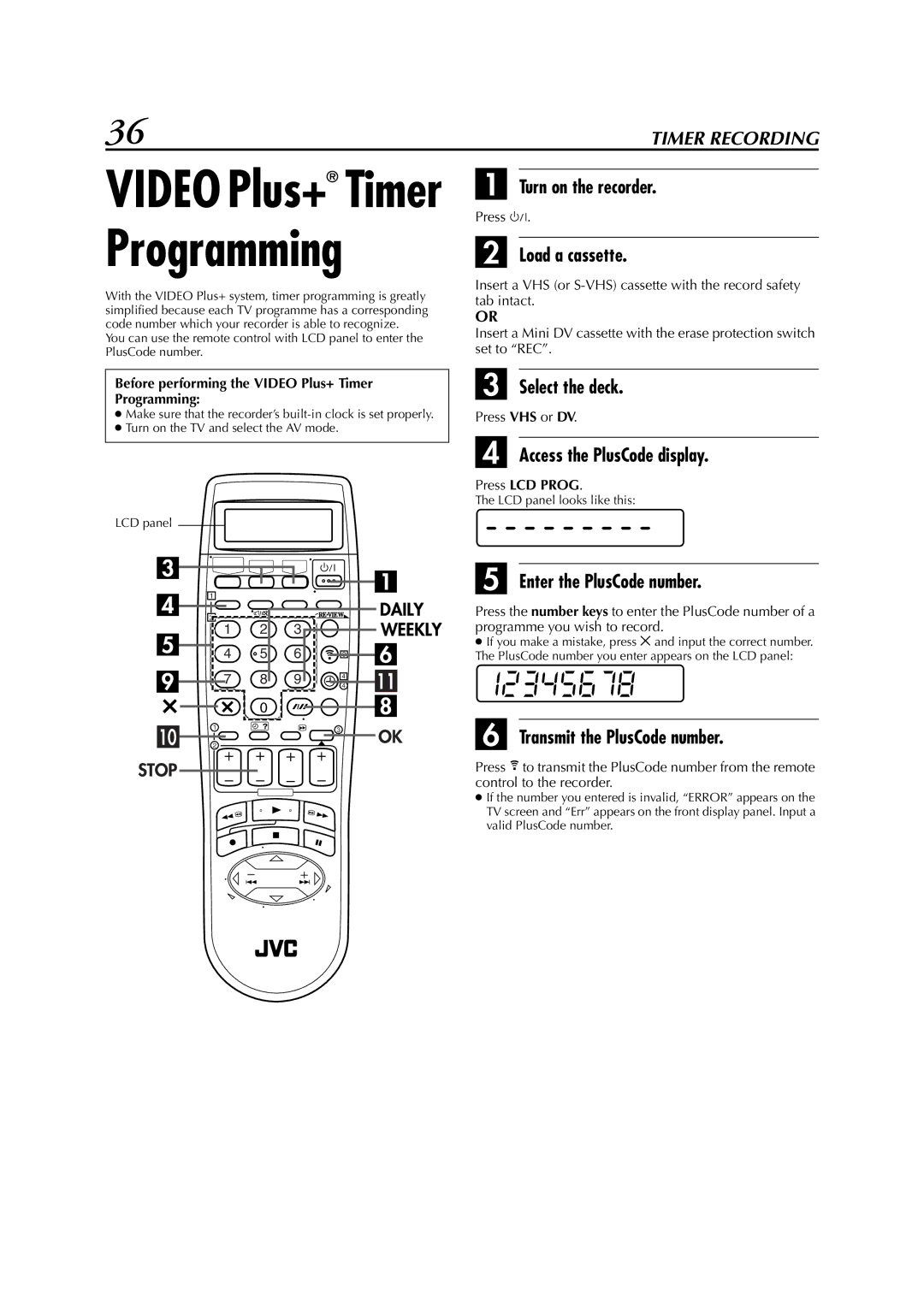 JVC LPT0617-001A Select the deck, Access the PlusCode display, Enter the PlusCode number, Transmit the PlusCode number 