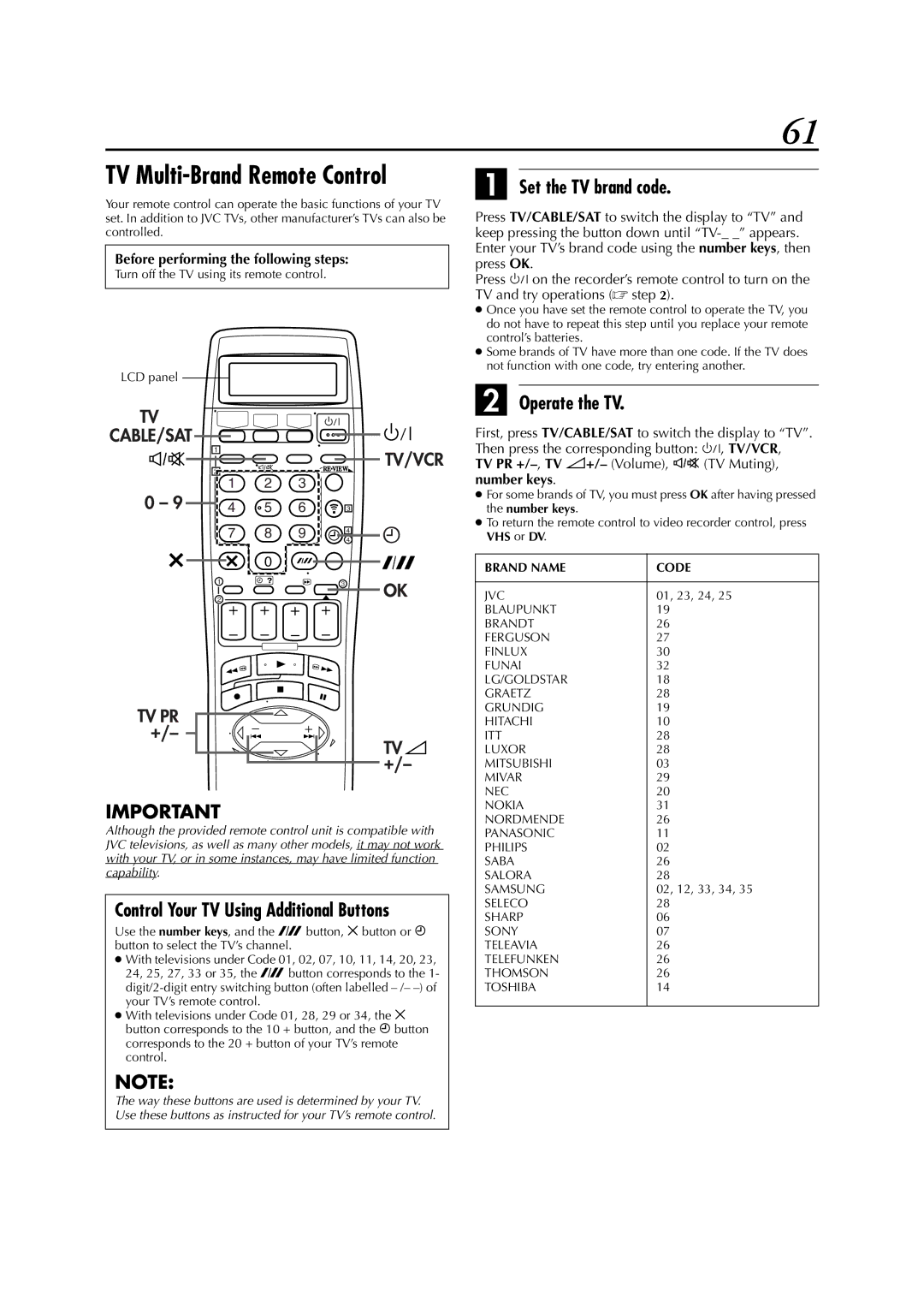 JVC HR-DVS3EK TV Multi-Brand Remote Control, Set the TV brand code, Operate the TV, Before performing the following steps 