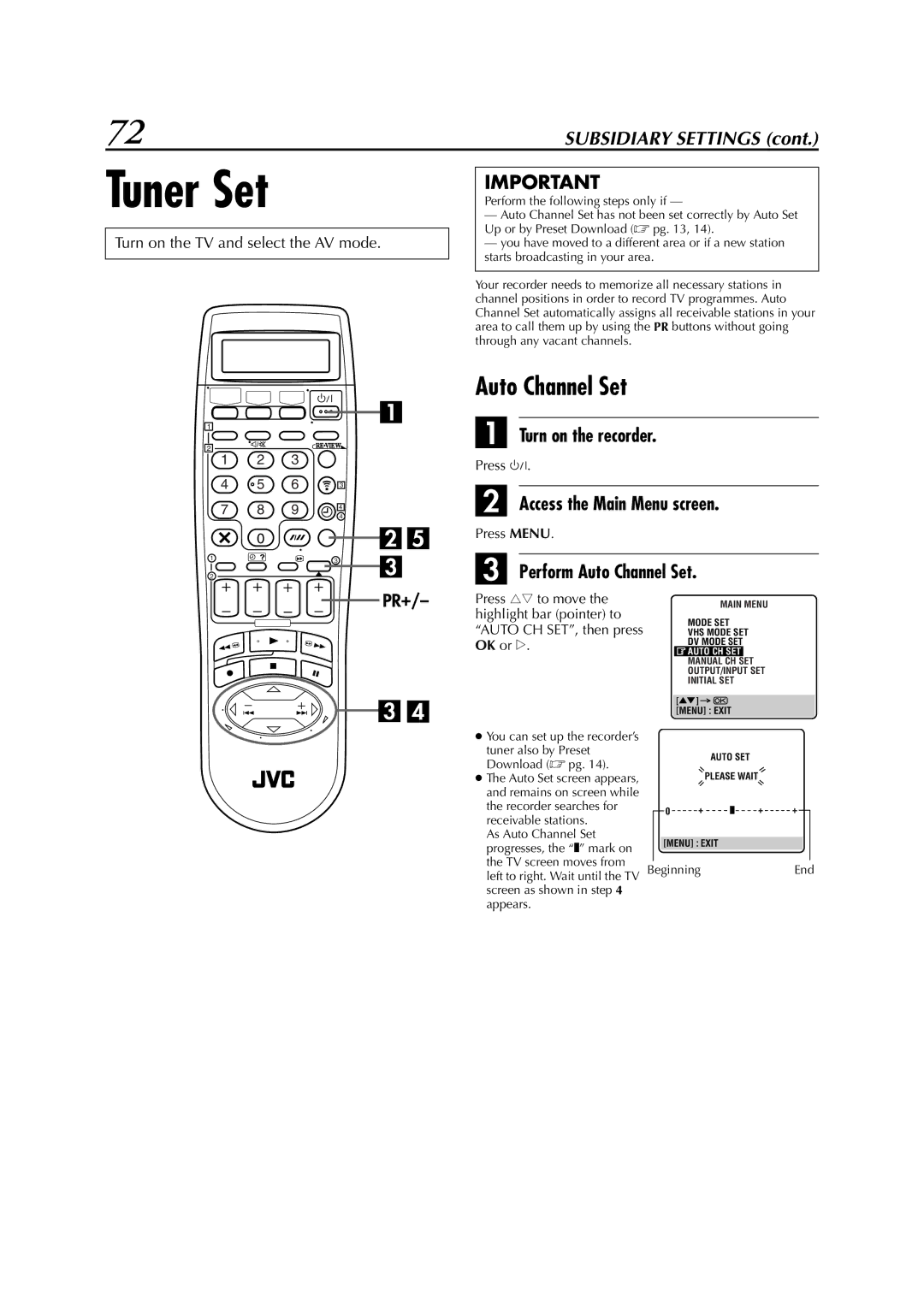 JVC LPT0617-001A, HR-DVS3EK specifications Tuner Set, Perform Auto Channel Set, Tuner also by Preset Download  pg 