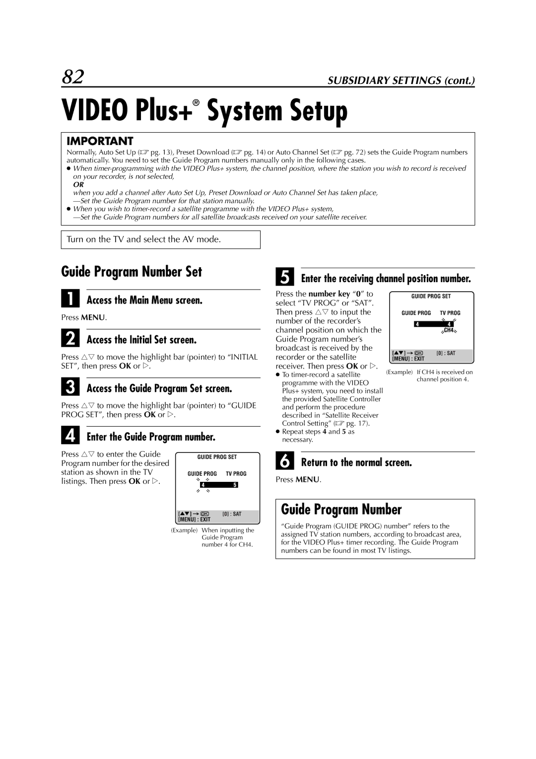 JVC LPT0617-001A, HR-DVS3EK Video Plus+ System Setup, Guide Program Number Set, Enter the Guide Program number 