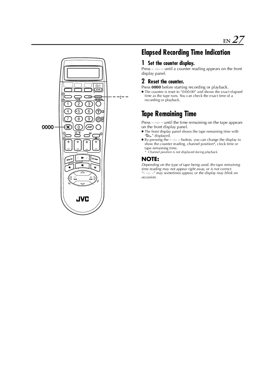 JVC LPT0640-001A specifications Tape Remaining Time, Set the counter display, Reset the counter 