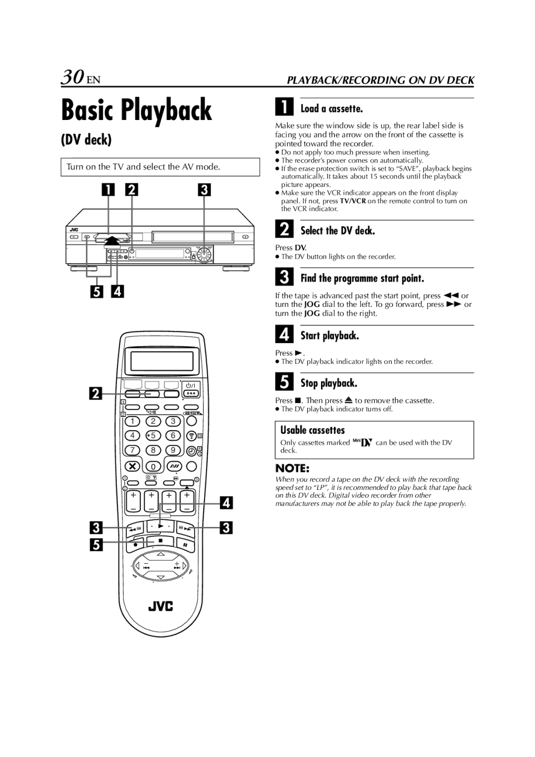 JVC LPT0640-001A specifications 30 EN, Select the DV deck, Press DV, Find the programme start point 