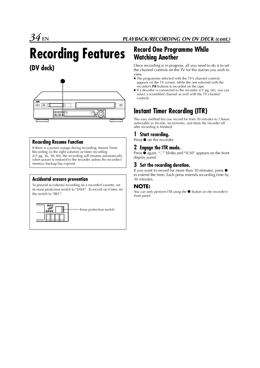 JVC LPT0640-001A specifications 34 EN, Recording Resume Function 