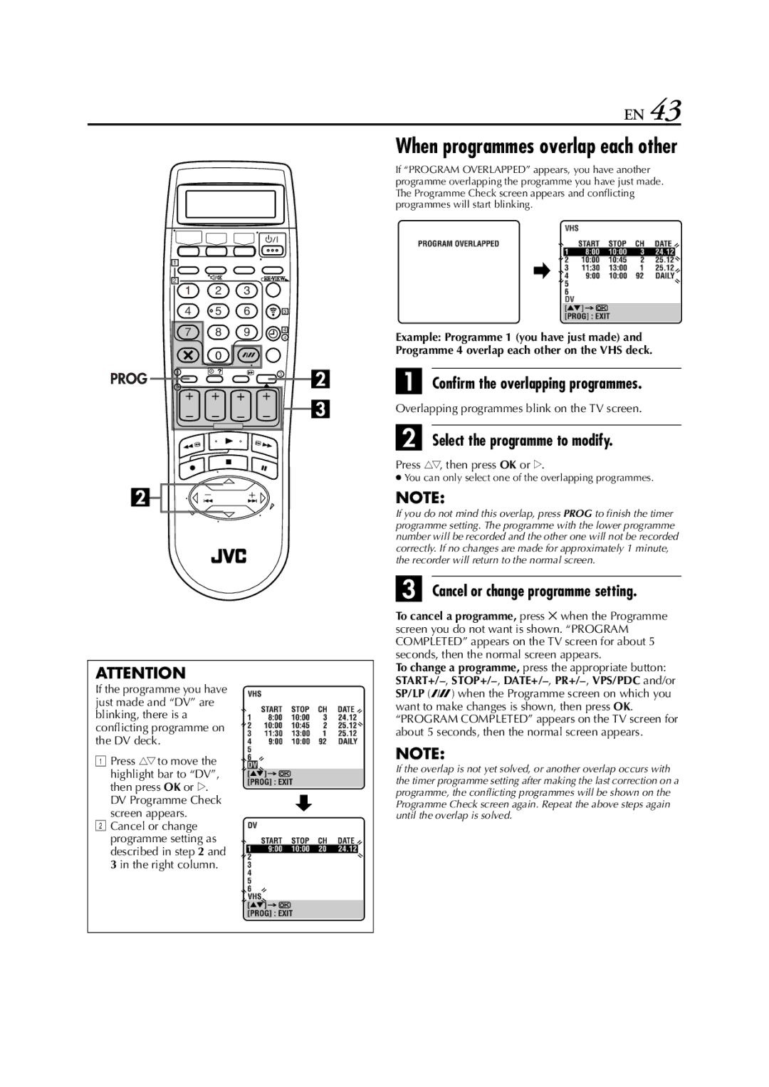 JVC LPT0640-001A Confirm the overlapping programmes, Select the programme to modify, Cancel or change programme setting 