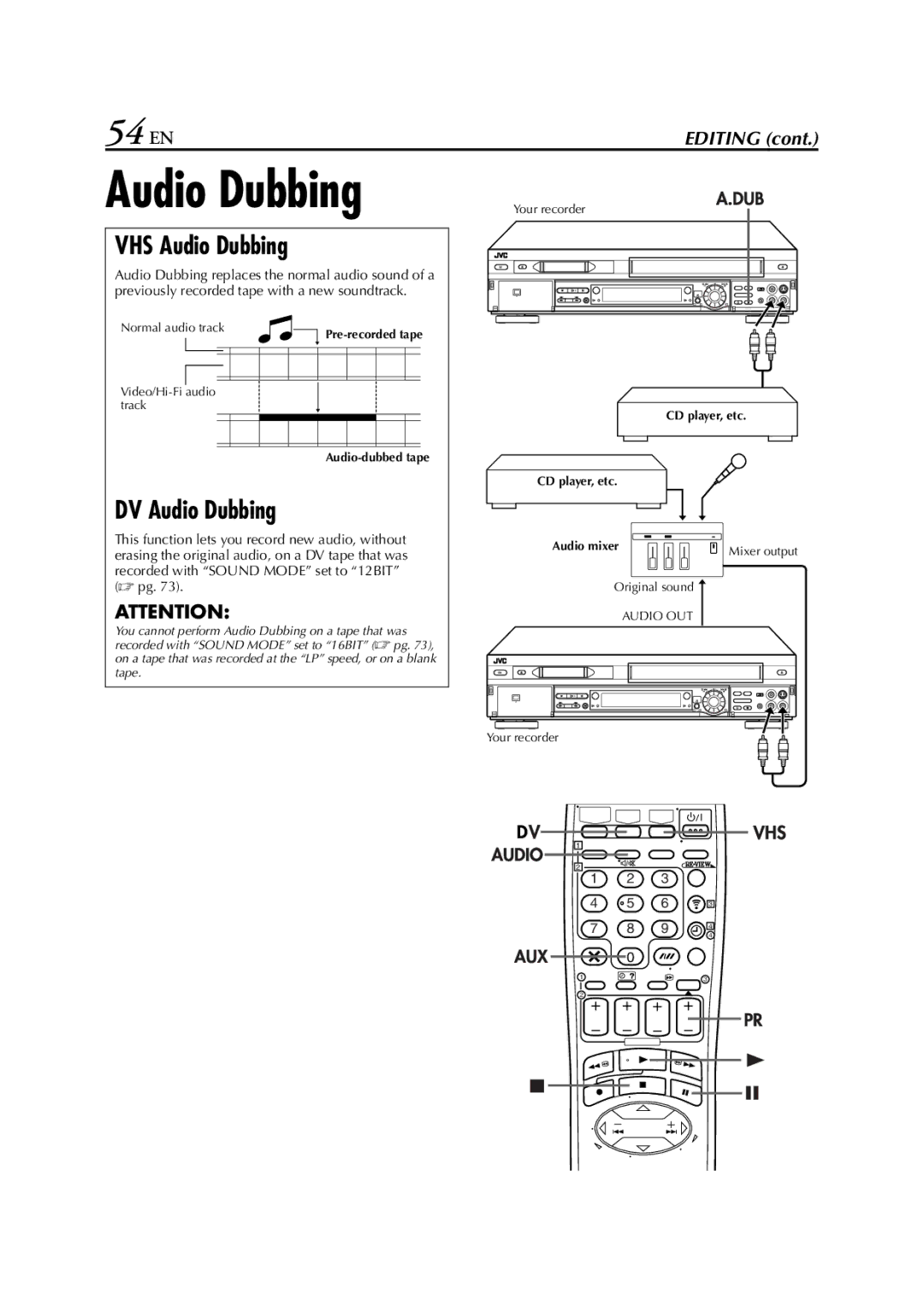 JVC LPT0640-001A specifications 54 EN, VHS Audio Dubbing, DV Audio Dubbing 