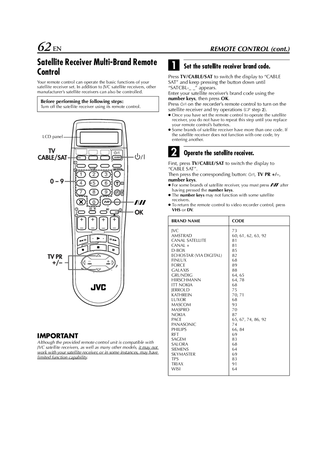 JVC LPT0640-001A specifications 62 EN, Satellite Receiver Multi-Brand Remote Control, Set the satellite receiver brand code 