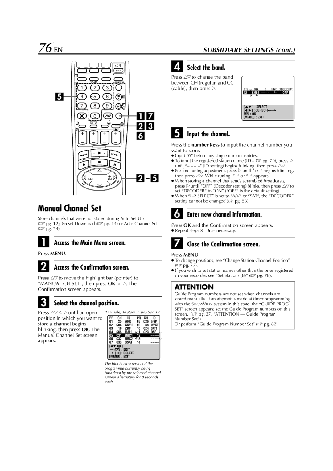 JVC LPT0640-001A specifications 76 EN, Manual Channel Set 