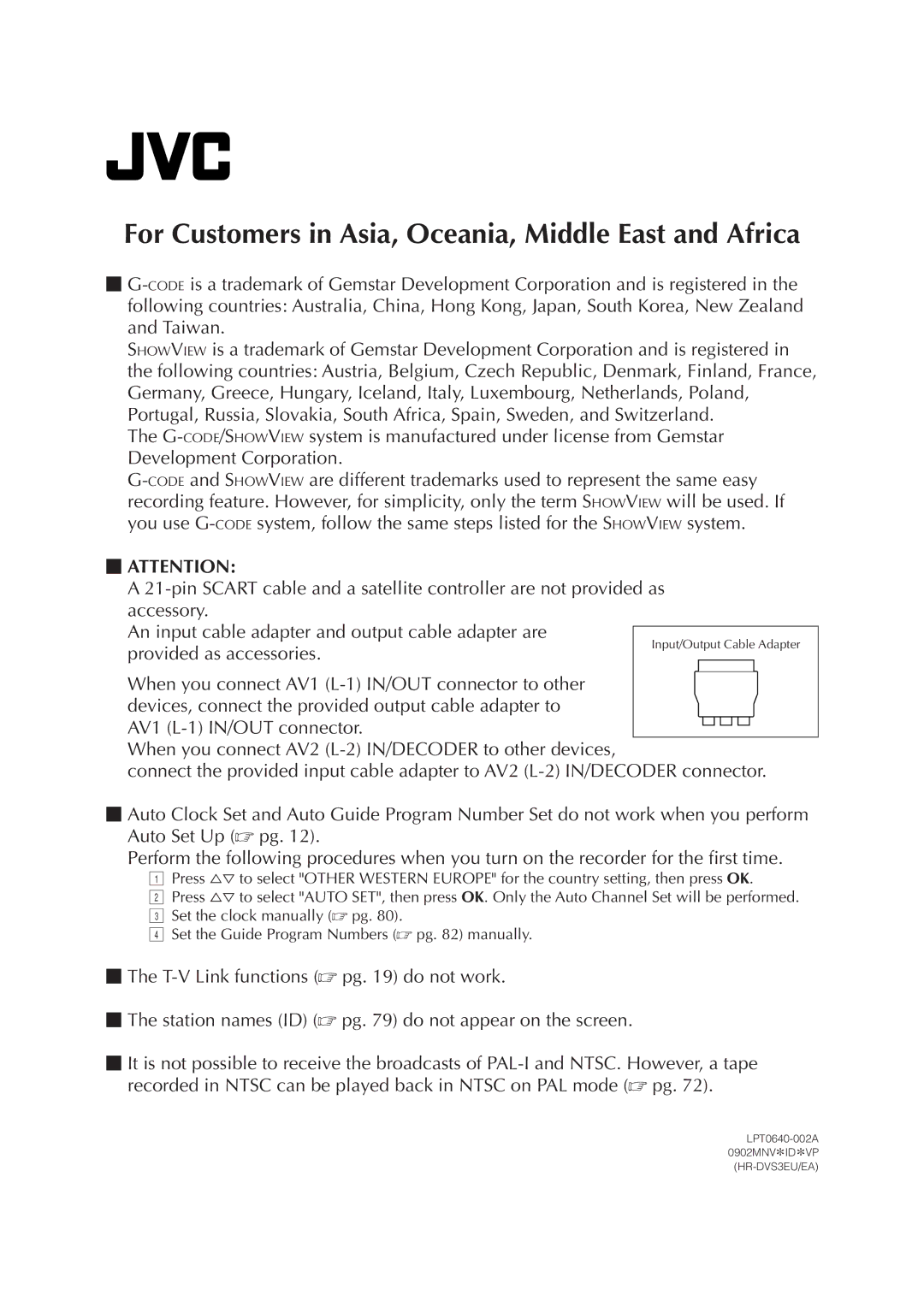 JVC LPT0640-001A specifications For Customers in Asia, Oceania, Middle East and Africa 