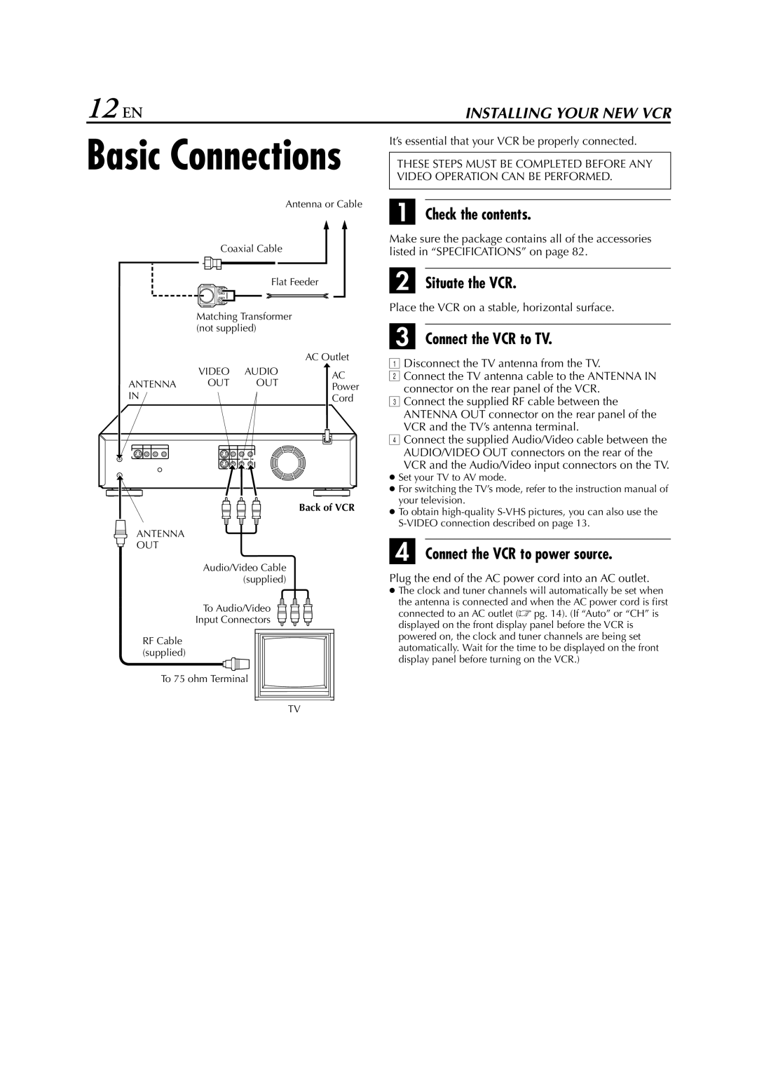 JVC LPT0641-001A manual 12 EN, Check the contents, Situate the VCR, Connect the VCR to TV, Connect the VCR to power source 