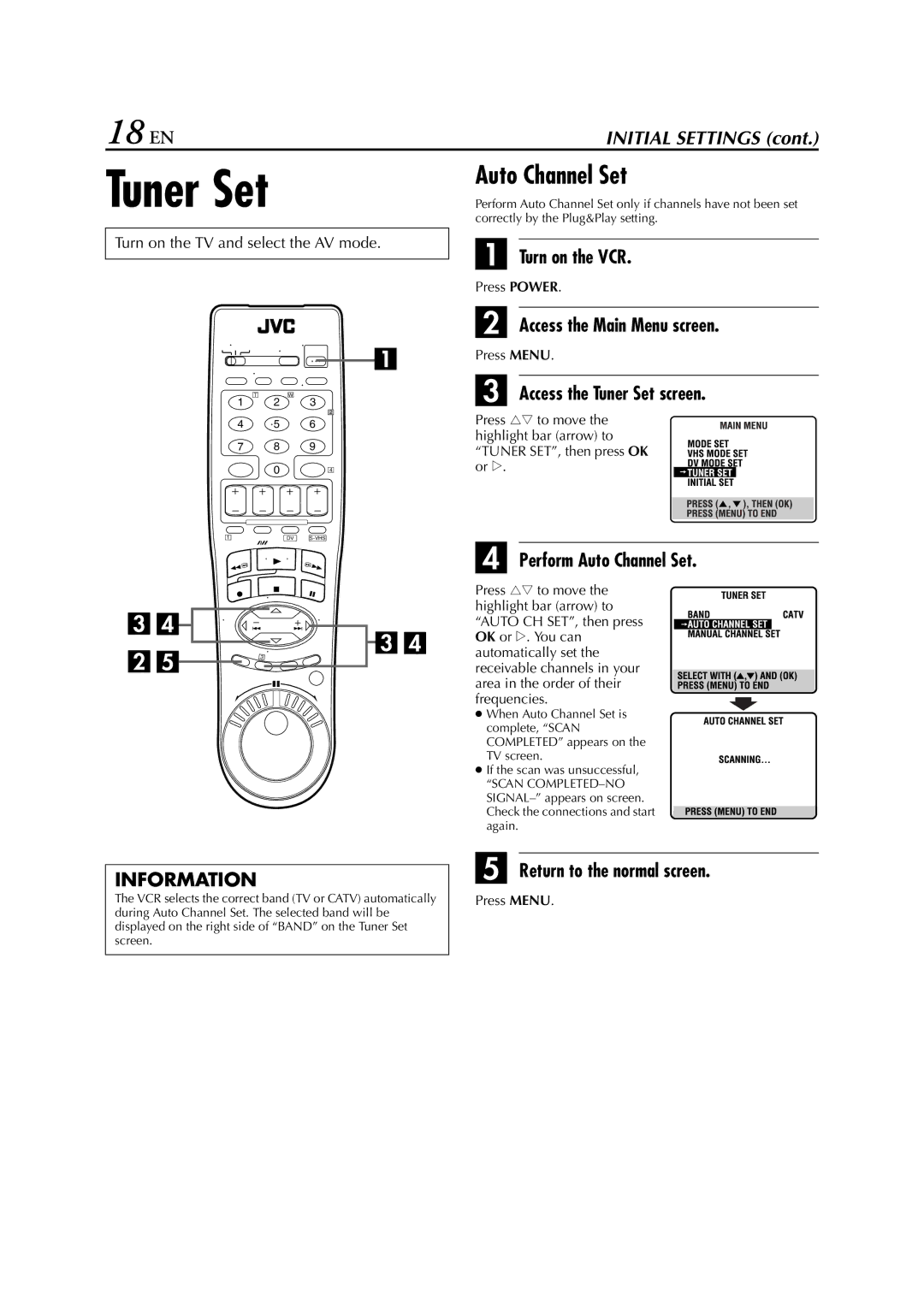 JVC LPT0641-001A manual 18 EN, Access the Tuner Set screen, Perform Auto Channel Set 