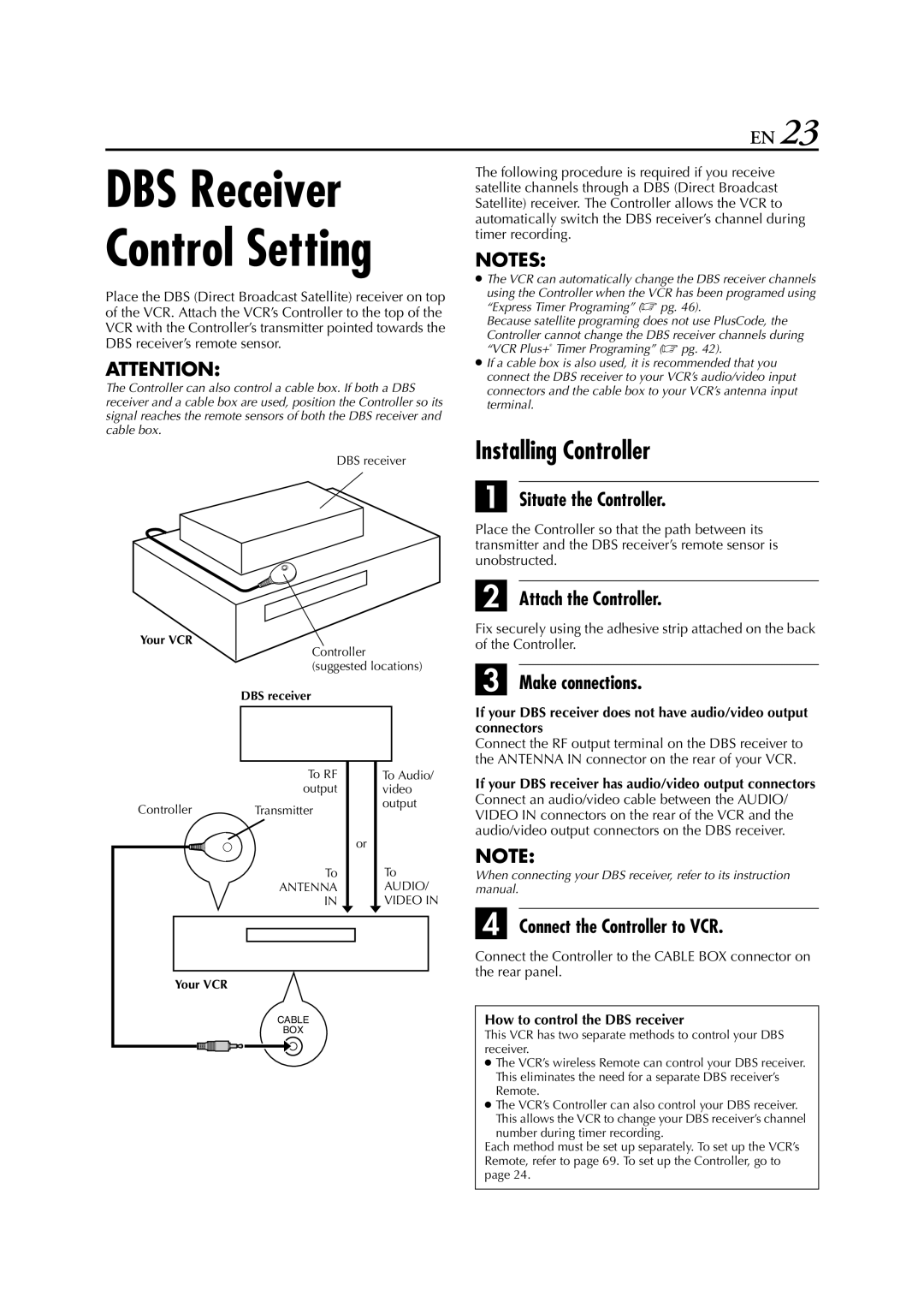 JVC LPT0641-001A manual If your DBS receiver has audio/video output connectors, How to control the DBS receiver 