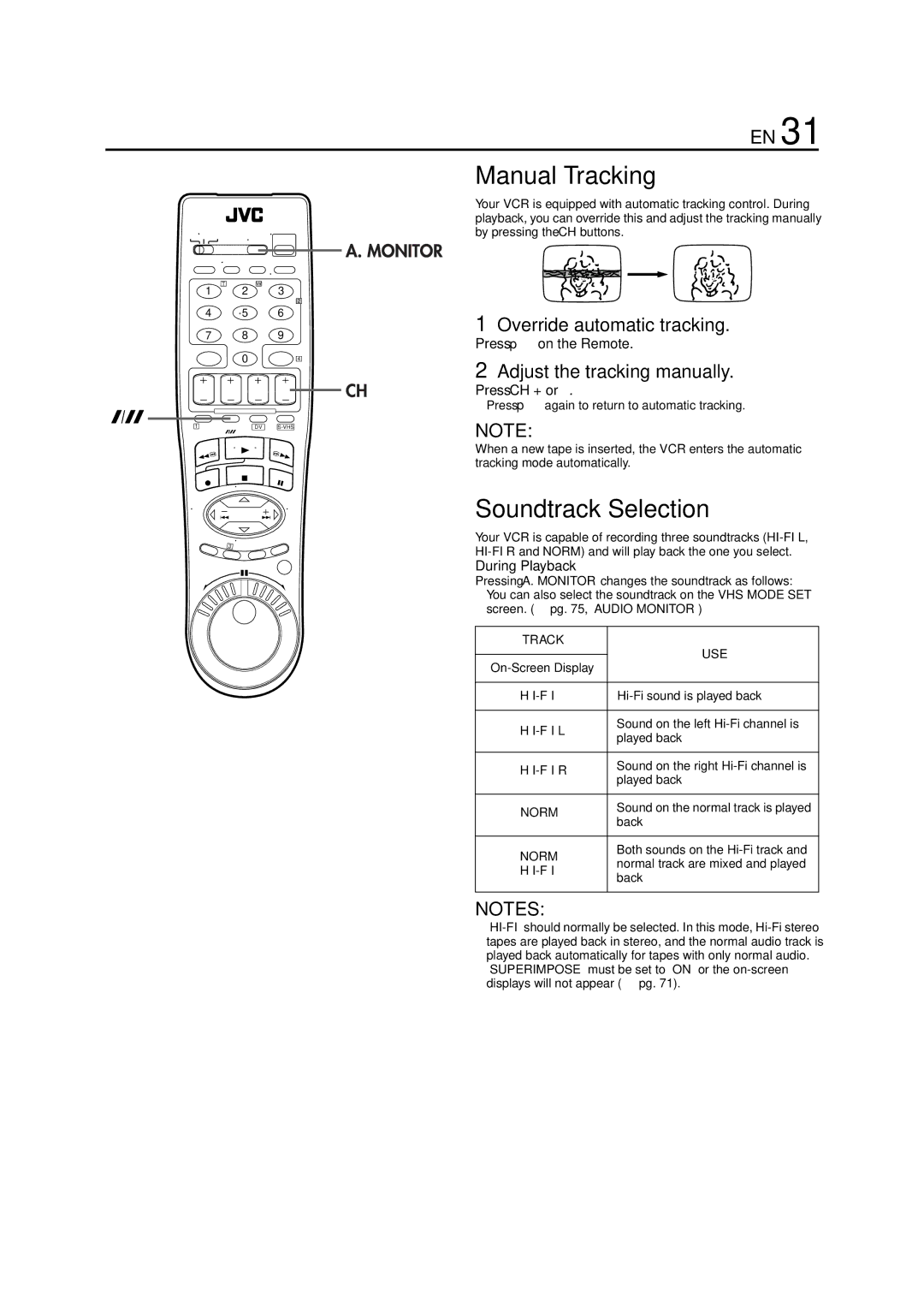 JVC LPT0641-001A Manual Tracking, Soundtrack Selection, Override automatic tracking, Adjust the tracking manually 