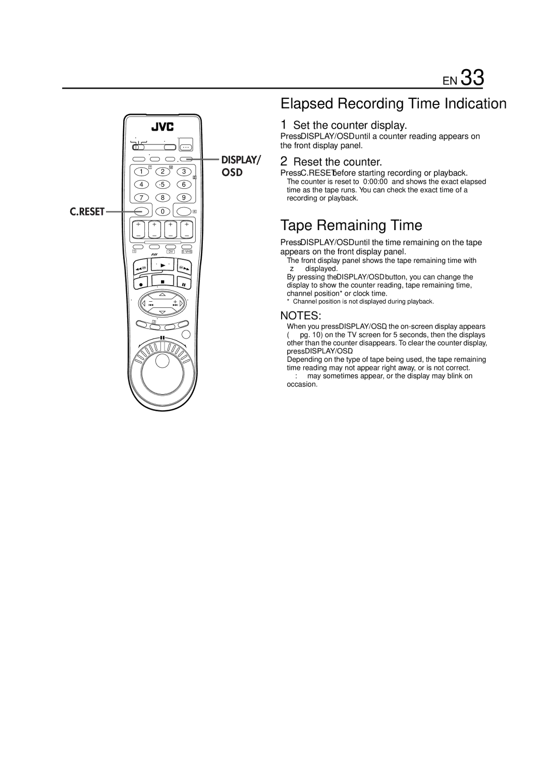 JVC LPT0641-001A manual Tape Remaining Time, Set the counter display, Reset the counter 