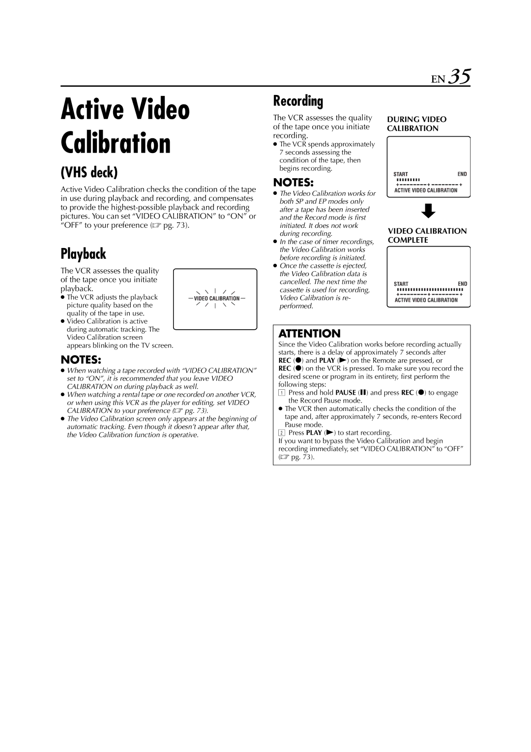 JVC LPT0641-001A manual Active Video Calibration, Playback, Recording 