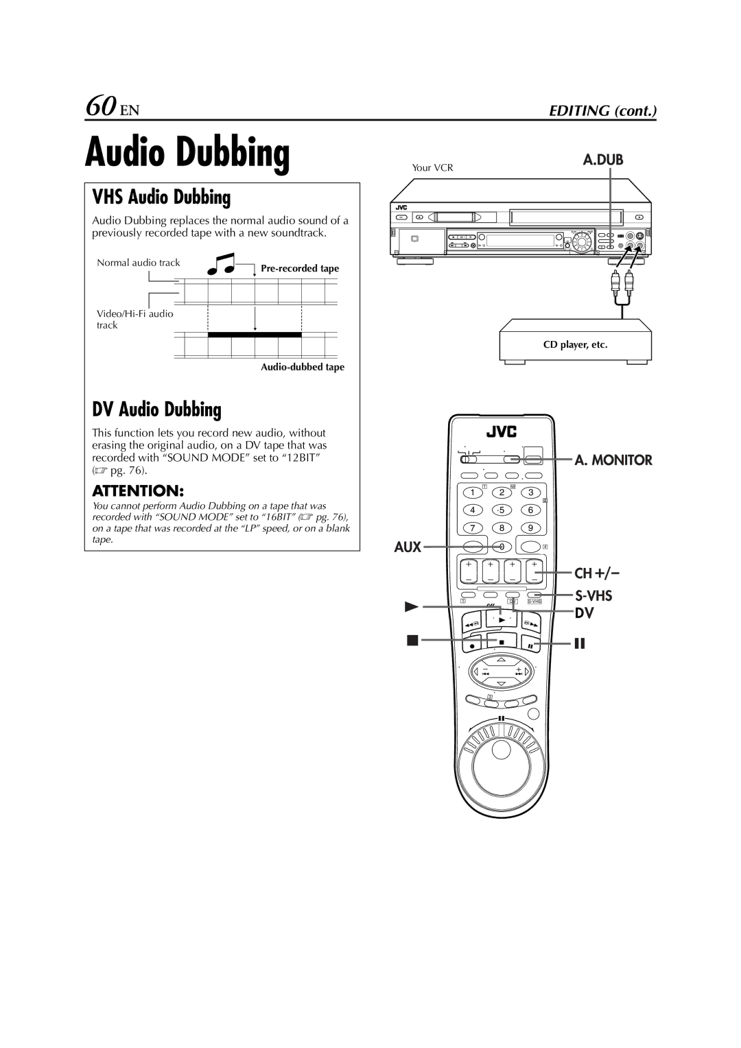 JVC LPT0641-001A manual 60 EN, VHS Audio Dubbing, DV Audio Dubbing, Pre-recorded tape Audio-dubbed tape CD player, etc 