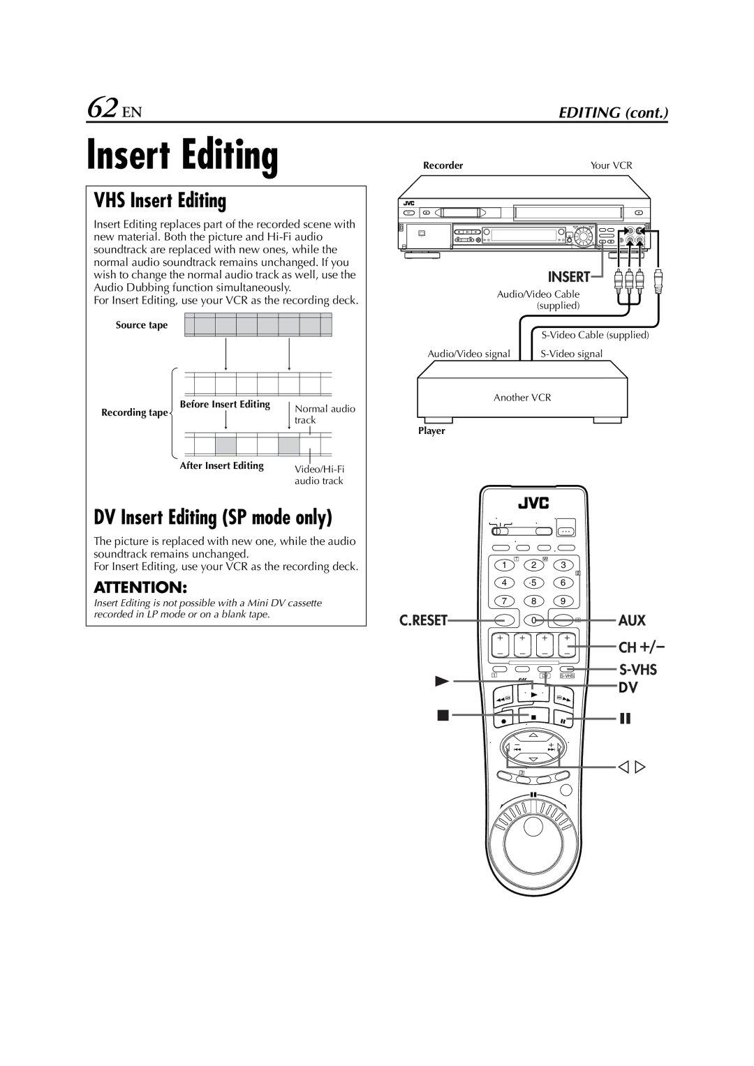 JVC LPT0641-001A manual 62 EN, VHS Insert Editing, Source tape, After Insert Editing 