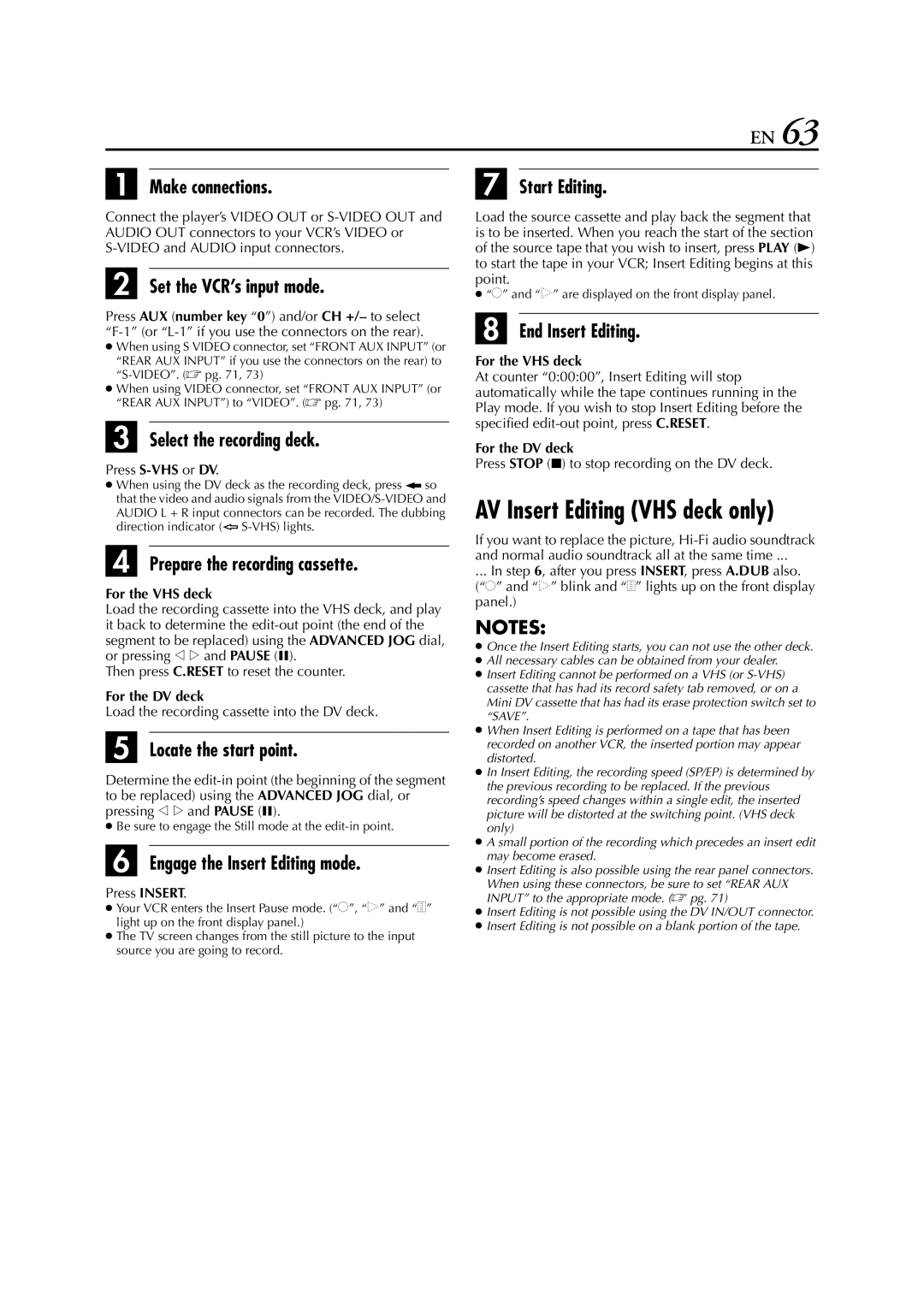 JVC LPT0641-001A manual AV Insert Editing VHS deck only, Prepare the recording cassette, Engage the Insert Editing mode 