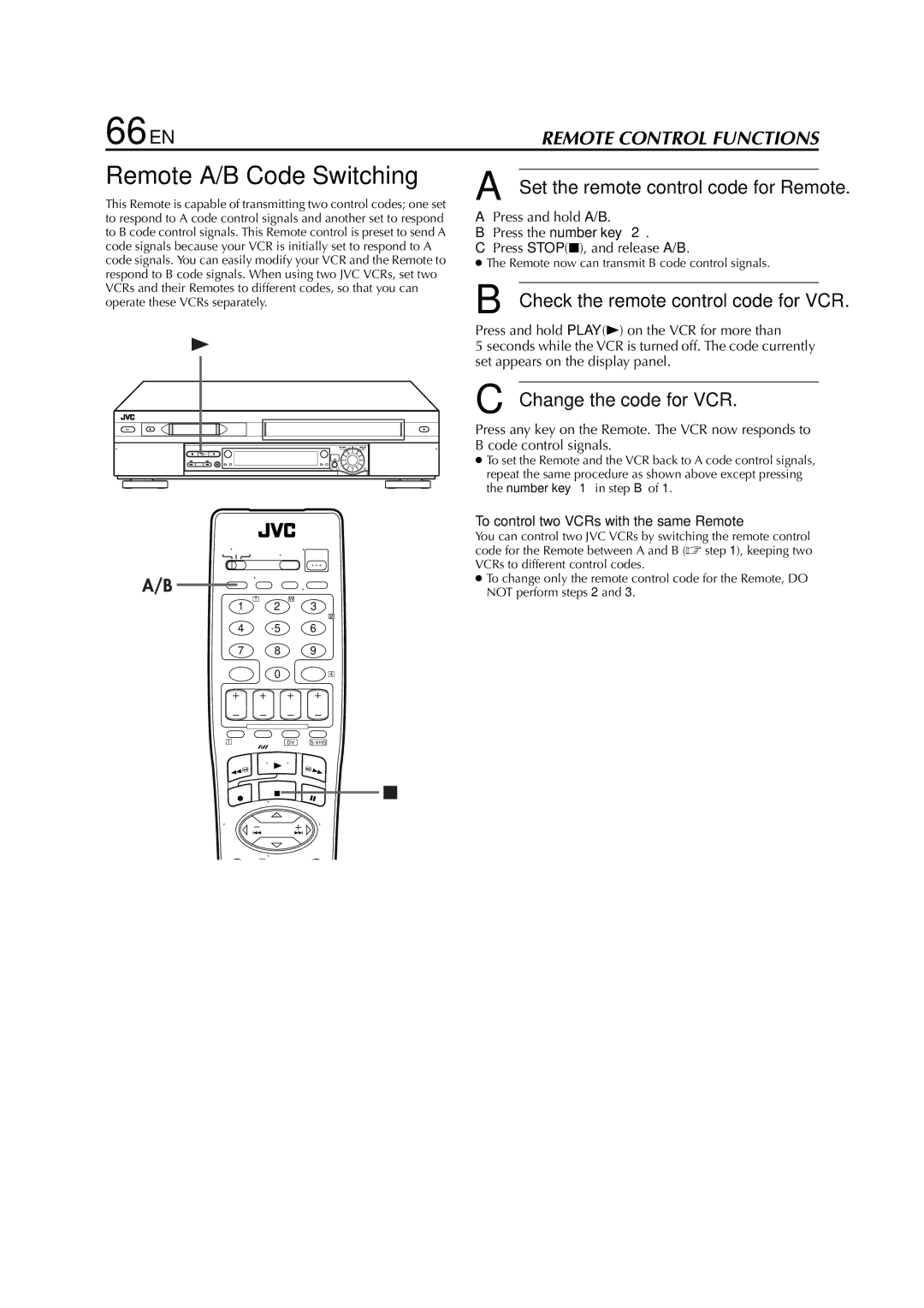 JVC LPT0641-001A manual 66 EN, Remote A/B Code Switching, Change the code for VCR, To control two VCRs with the same Remote 