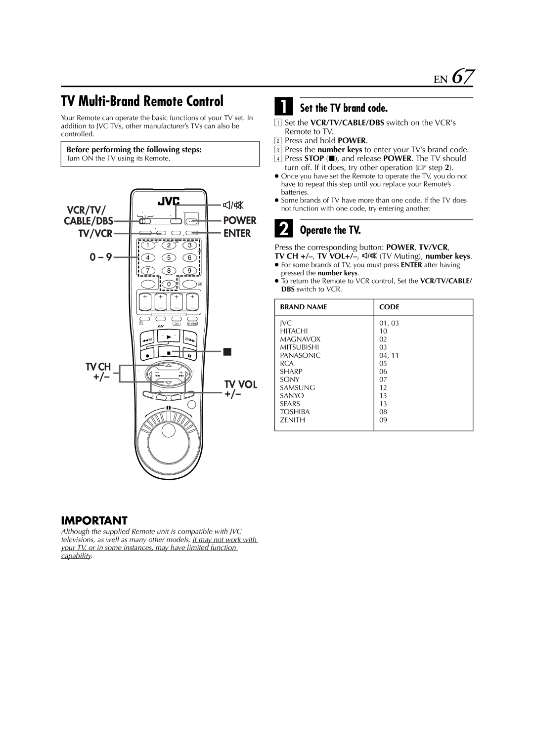 JVC LPT0641-001A manual TV Multi-Brand Remote Control, Set the TV brand code, Operate the TV 