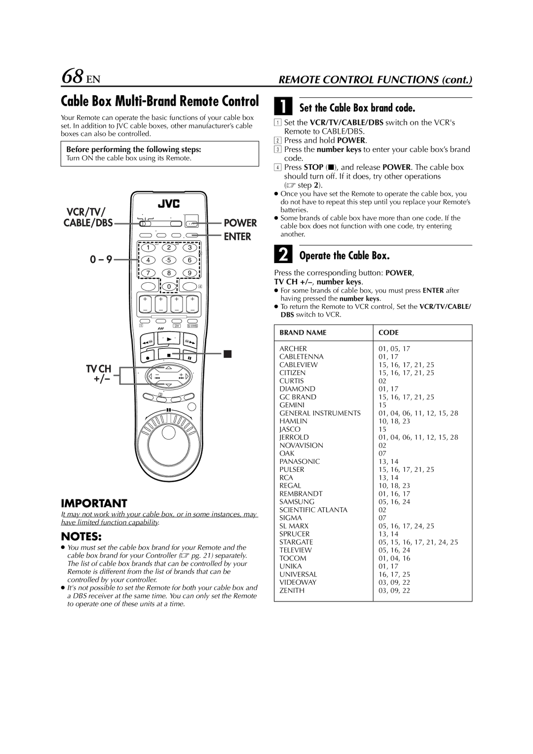 JVC LPT0641-001A manual 68 EN, Set the Cable Box brand code, Operate the Cable Box, Press the corresponding button Power 