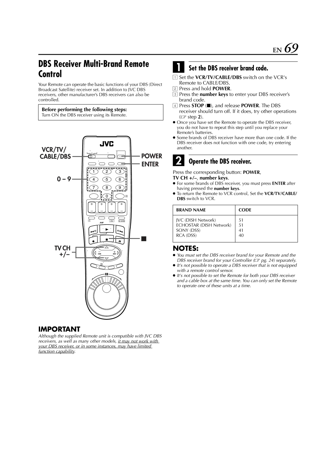 JVC LPT0641-001A manual DBS Receiver Multi-Brand Remote Control, Set the DBS receiver brand code, Operate the DBS receiver 