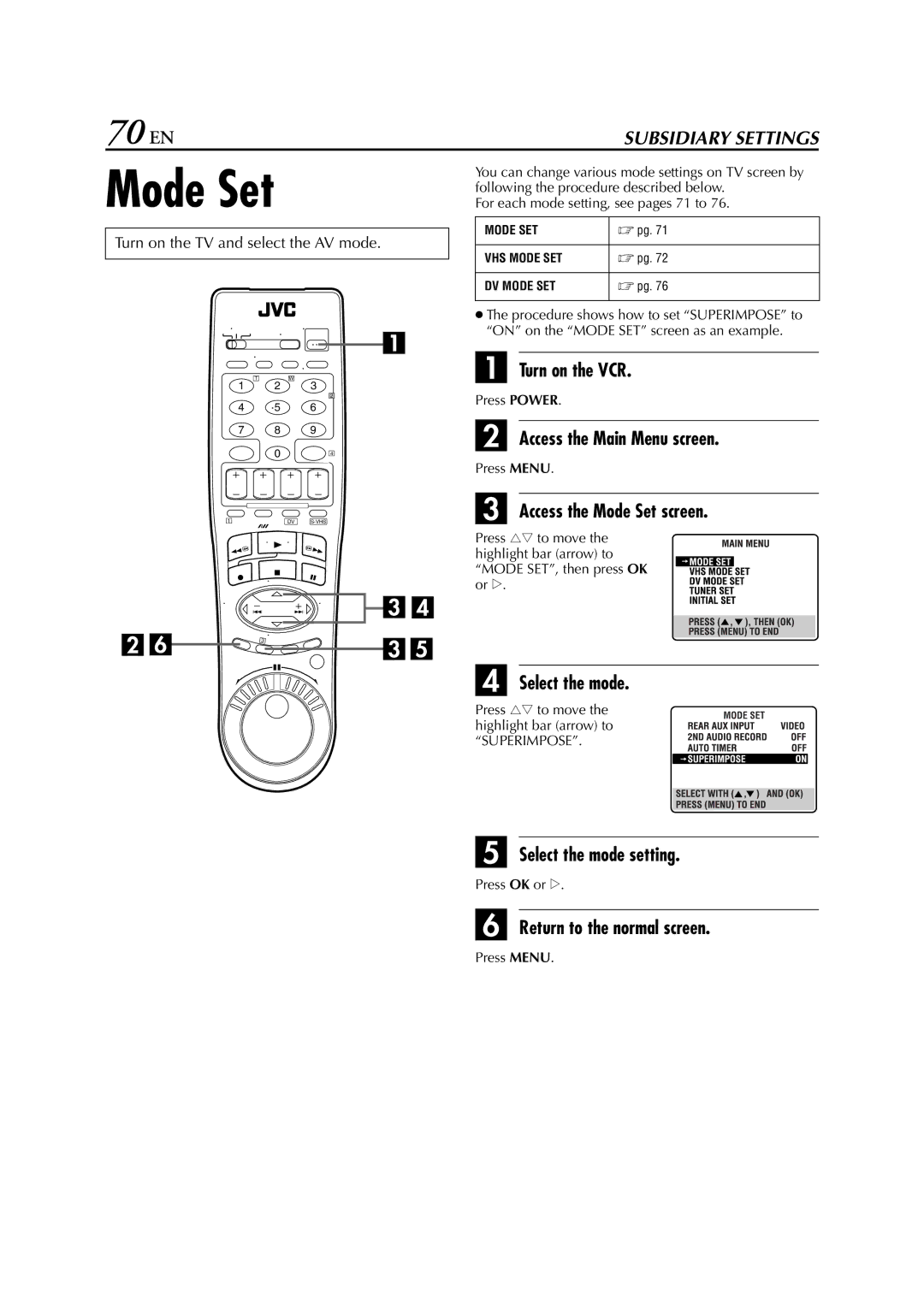 JVC LPT0641-001A manual 70 EN, Access the Mode Set screen, Select the mode setting 