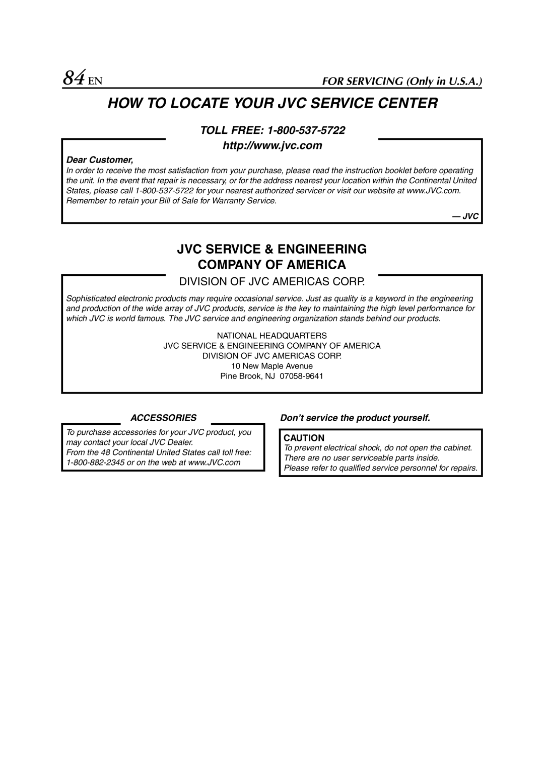 JVC LPT0641-001A manual 84 EN, HOW to Locate Your JVC Service Center 