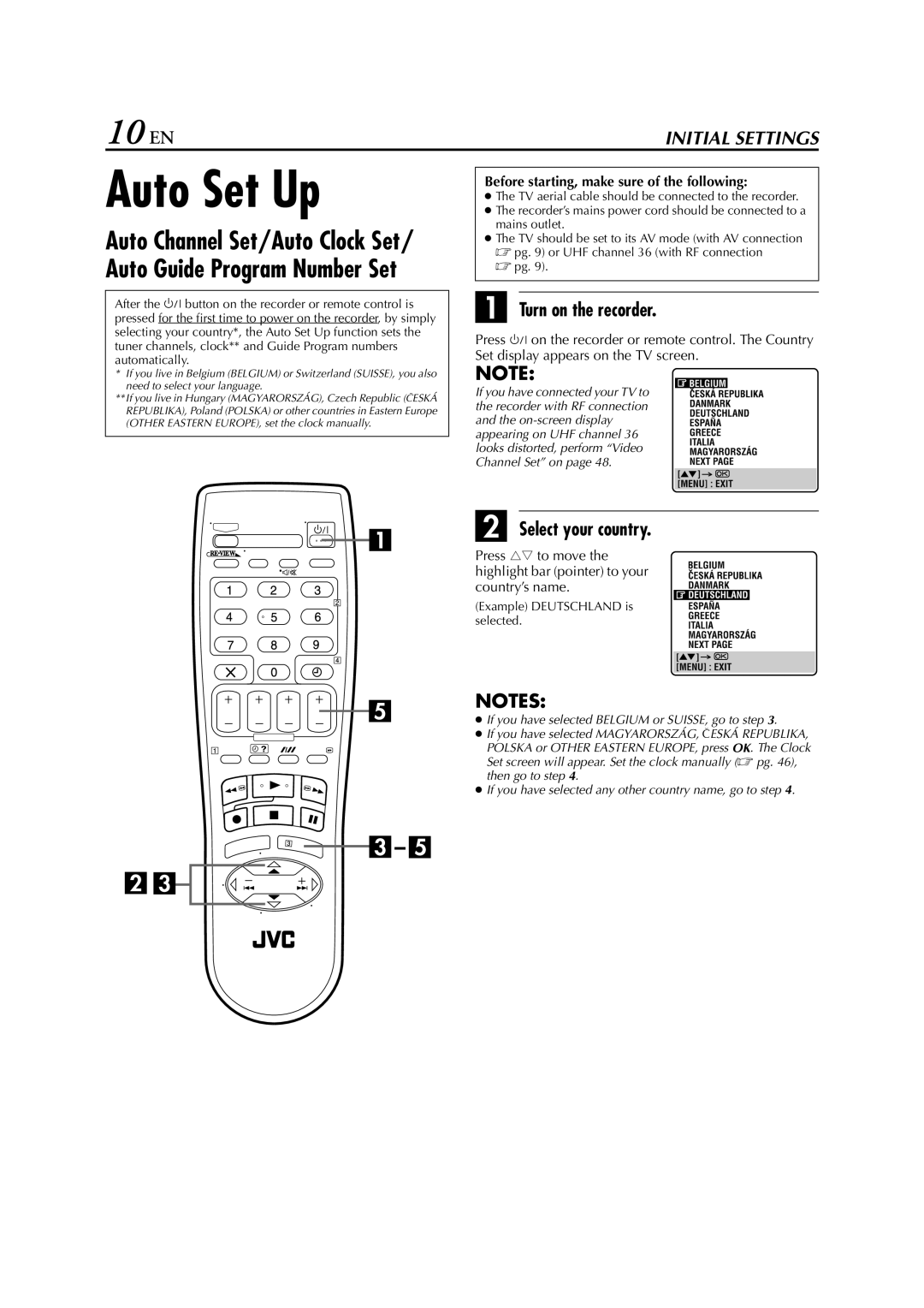 JVC LPT0649-001B, 0302MNV*ID*JVE specifications Auto Set Up, 10 EN, Turn on the recorder, Select your country 