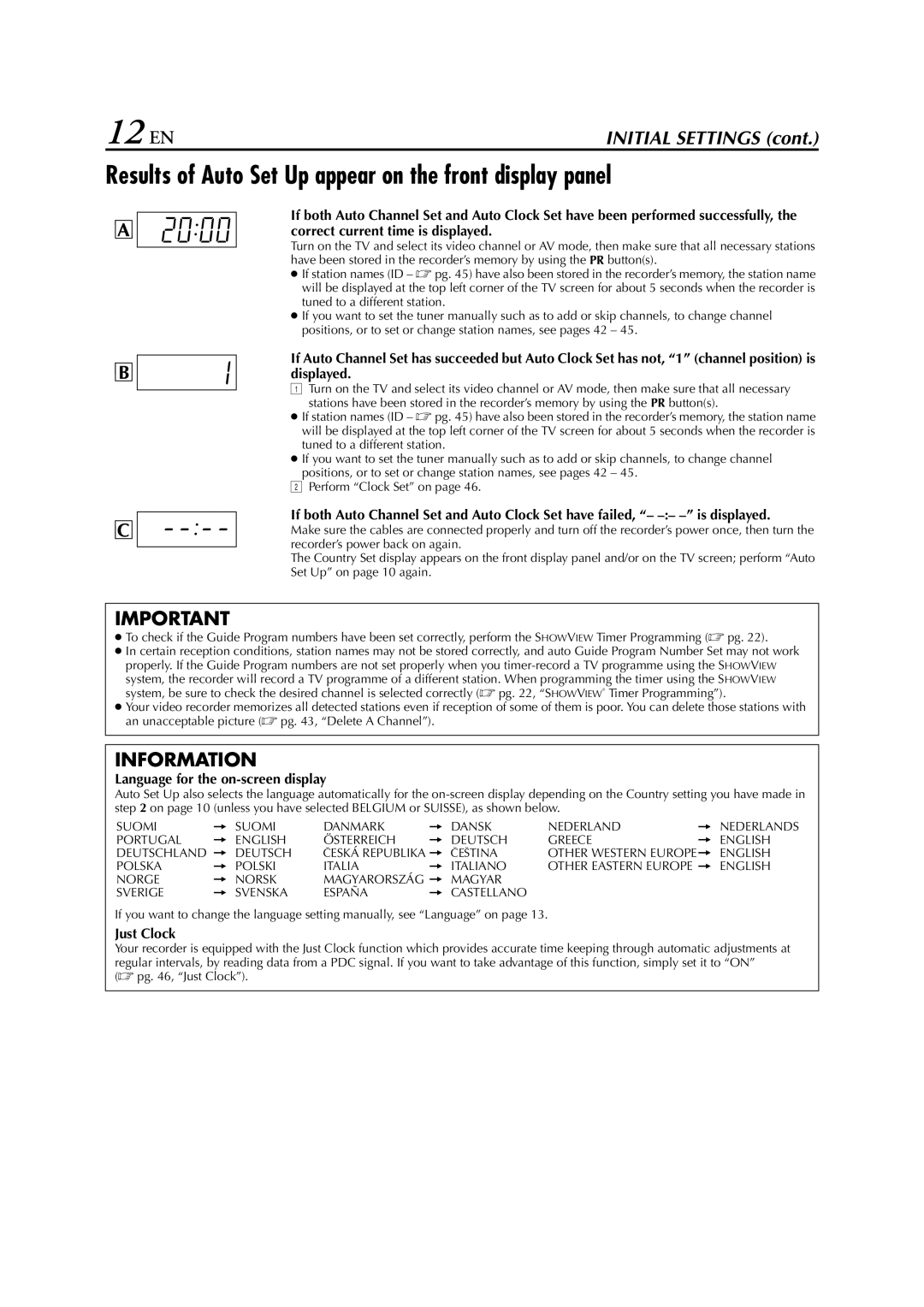 JVC LPT0649-001B 12 EN, Results of Auto Set Up appear on the front display panel, Language for the on-screen display 